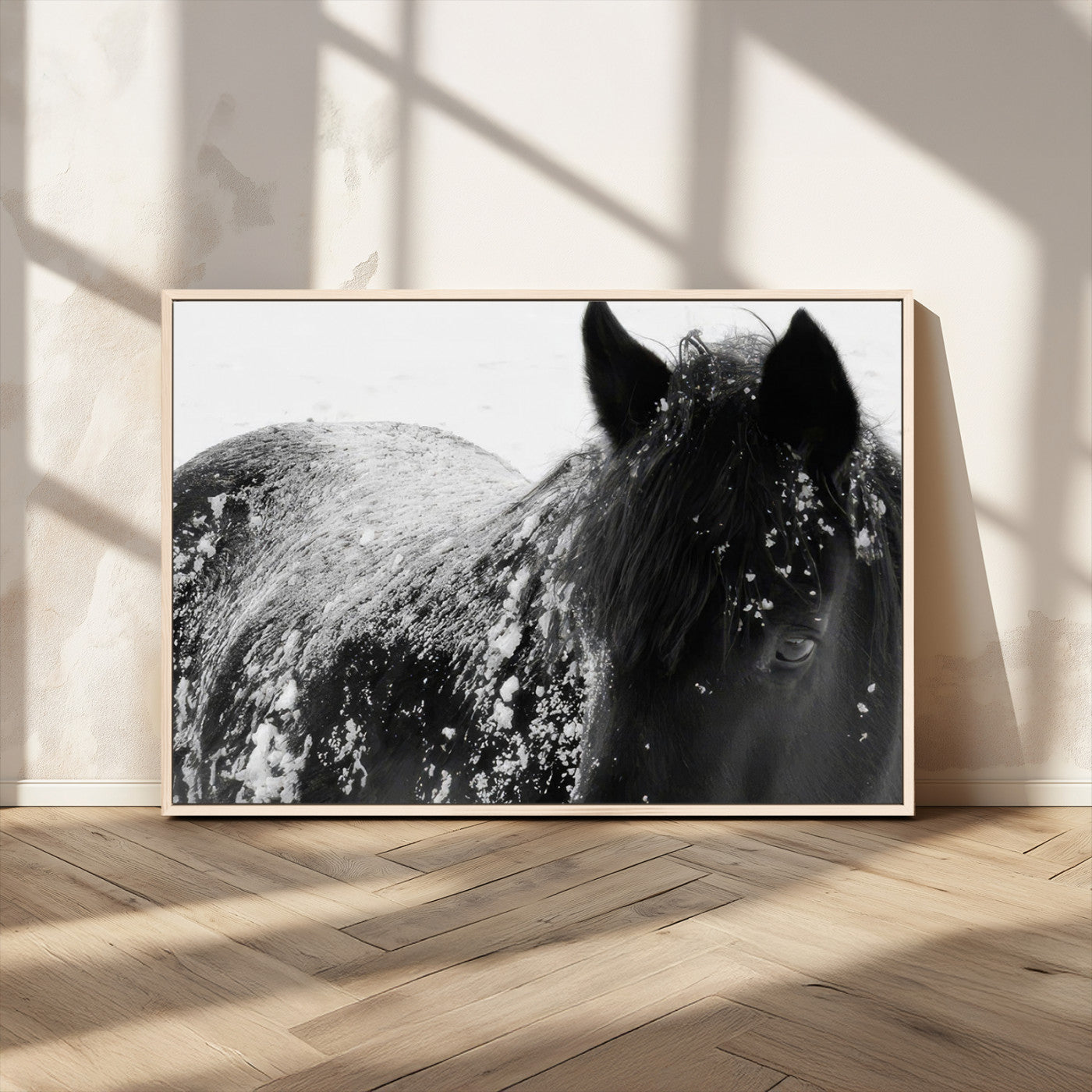 MGV-FC-36X24 - Black Horse in Snow Canvas Print | Winter Horse Wall Art | Ready to Hang and Framed | Farmhouse Wall