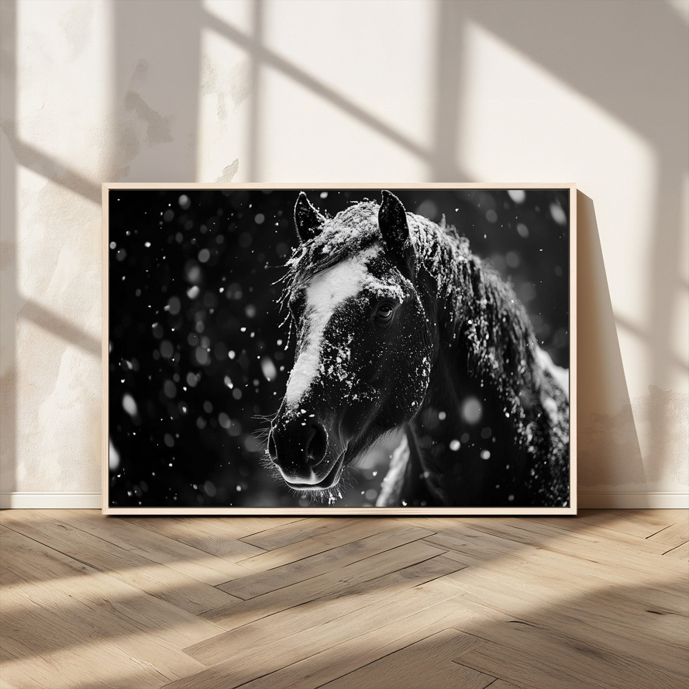 MGV-FC-36X24 - Winter Horse Wall Art | Black and White Horse Print | Ready to Hang and Framed | Farmhouse Wall Art