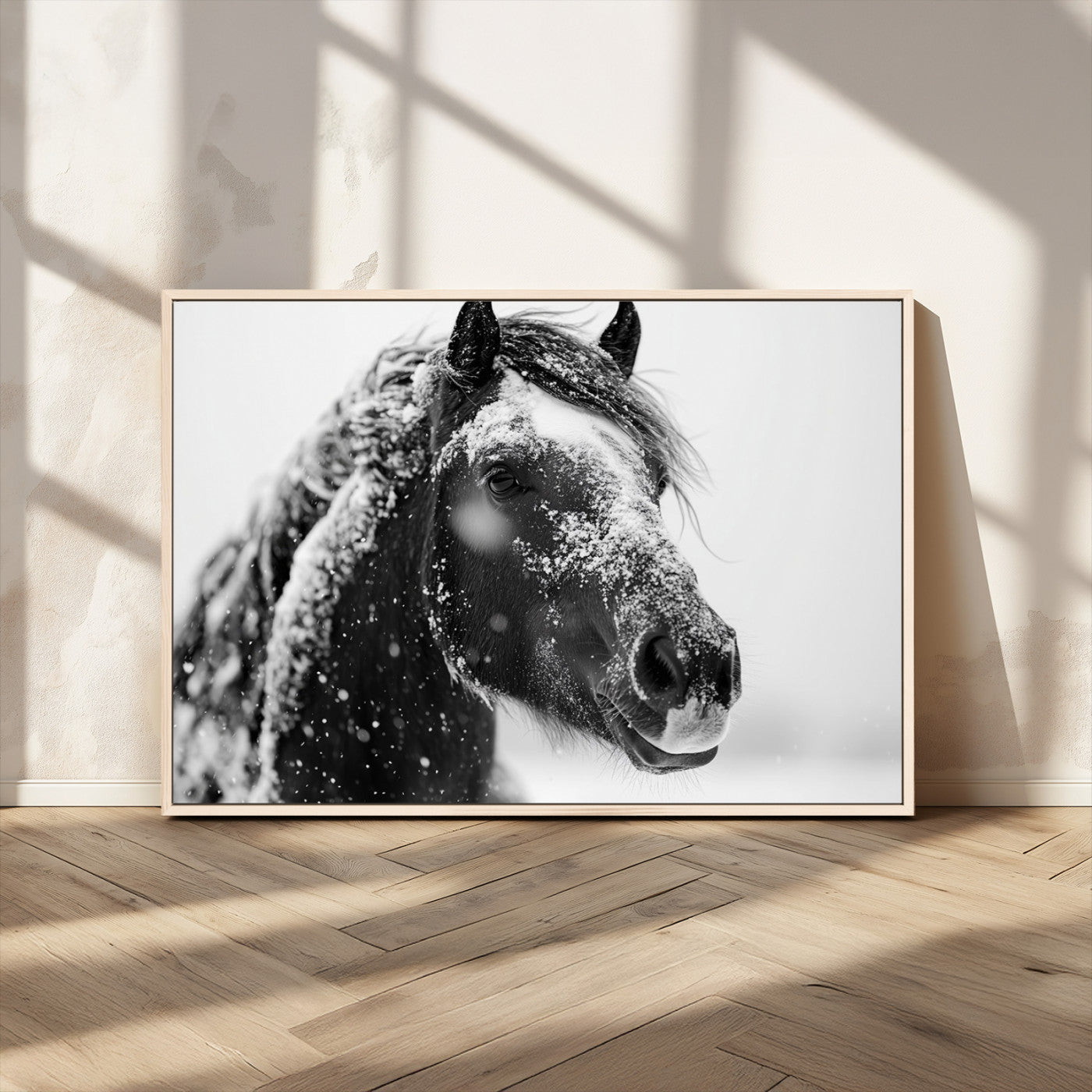 MGV-FC-36X24 - Winter Horse Canvas Print | Large 3-Panel Black White Equine Photography for Rustic Farmhouse Wall