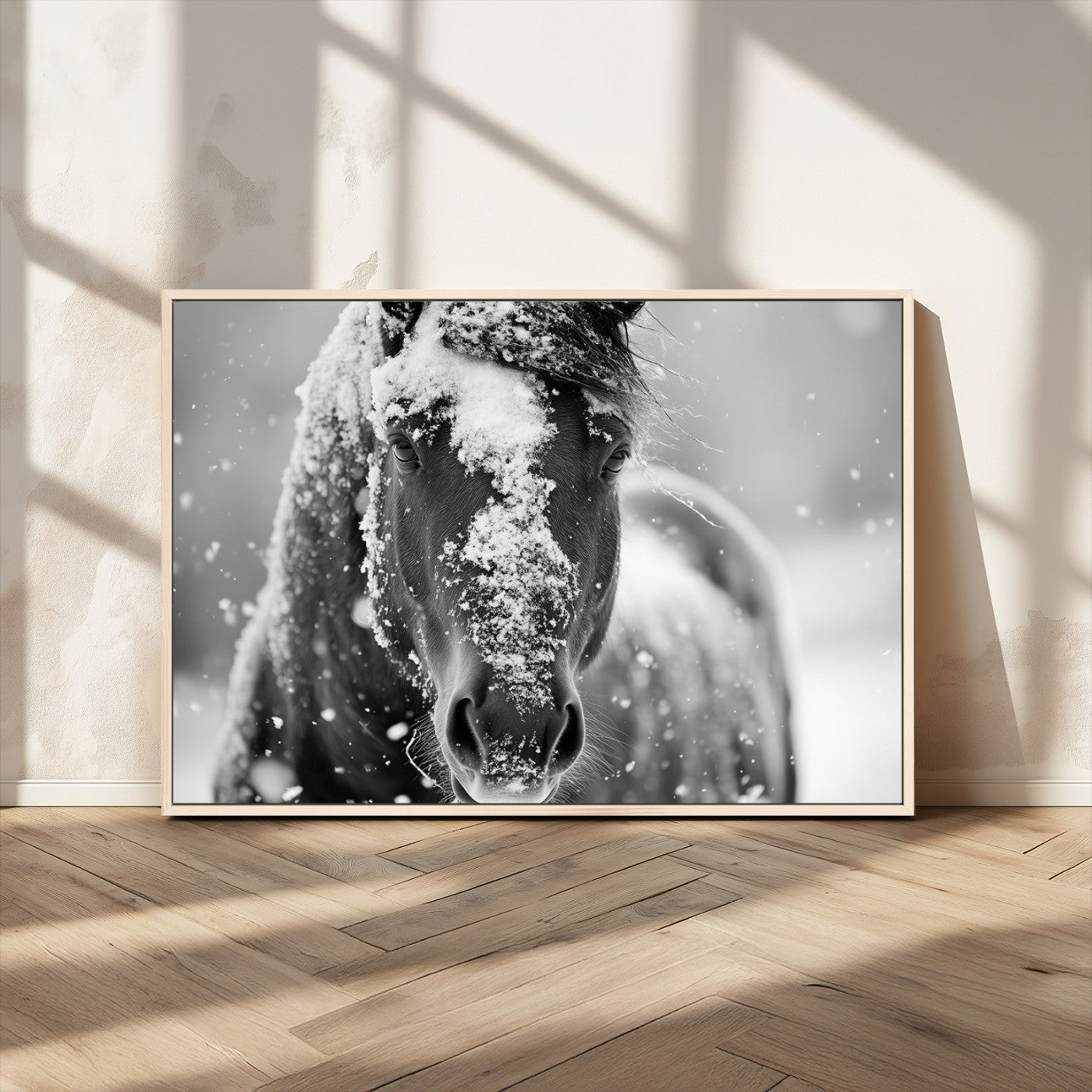 MGV-FC-36X24 - Black and White Horse Winter Wall Art | Ready to Hang and Framed | Farmhouse Wall Decor | Western