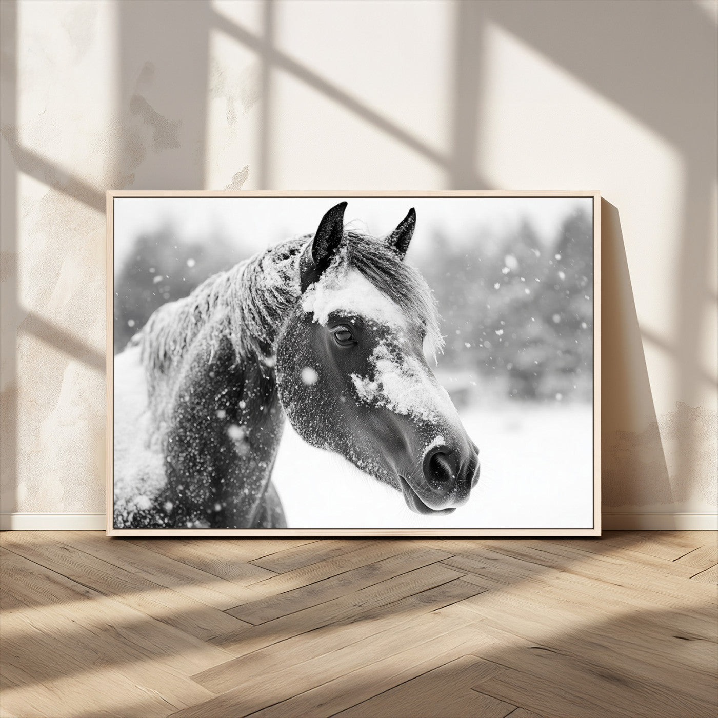 MGV-FC-36X24 - Black Horse Winter Wall Art | Ready to Hang and Framed | Farmhouse and Western Wall Decor for Living