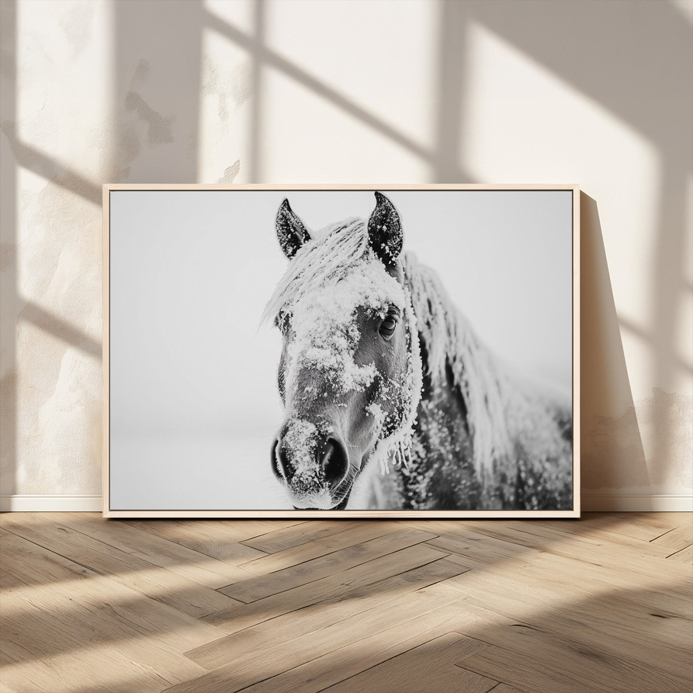 MGV-FC-36X24 - White Horse Wall Art | Ready to Hang and Framed | Winter Horse Wall Art Print for Farmhouse and