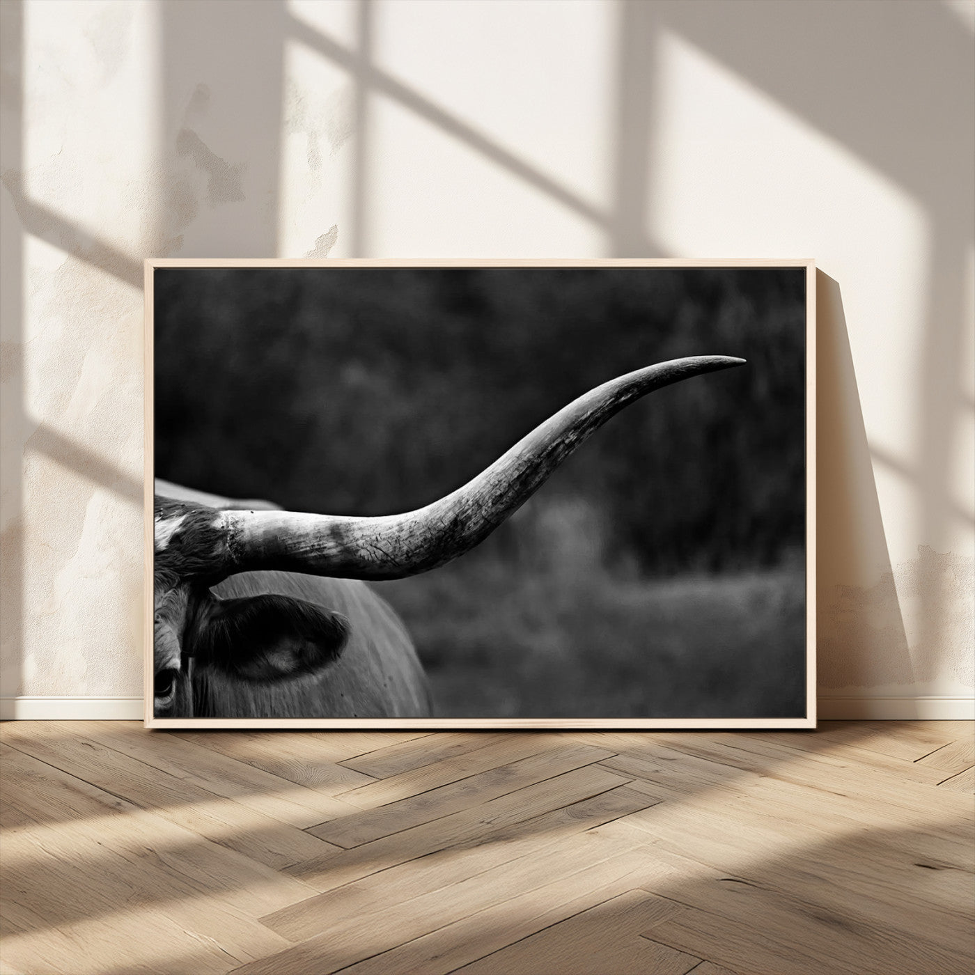 MGV-FC-36X24 - Cow Longhorn Wall Art | Black and White Print | Ready to Hang and Framed | Farmhouse Wall Decor |