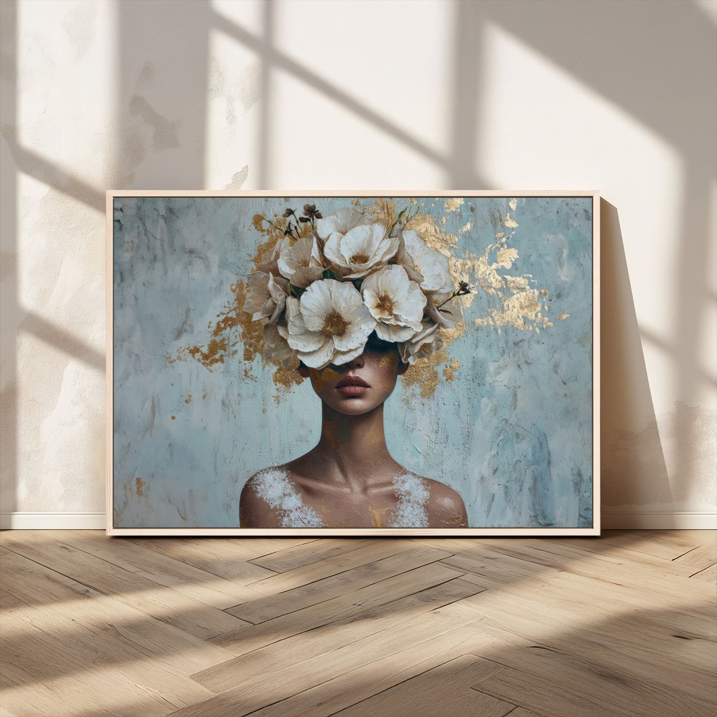 MGV-FC-36X24 - Golden Petal Wall Art - Petal Silhouette Woman Wall Art Canvas Print | Large 3-Panel Canvas with