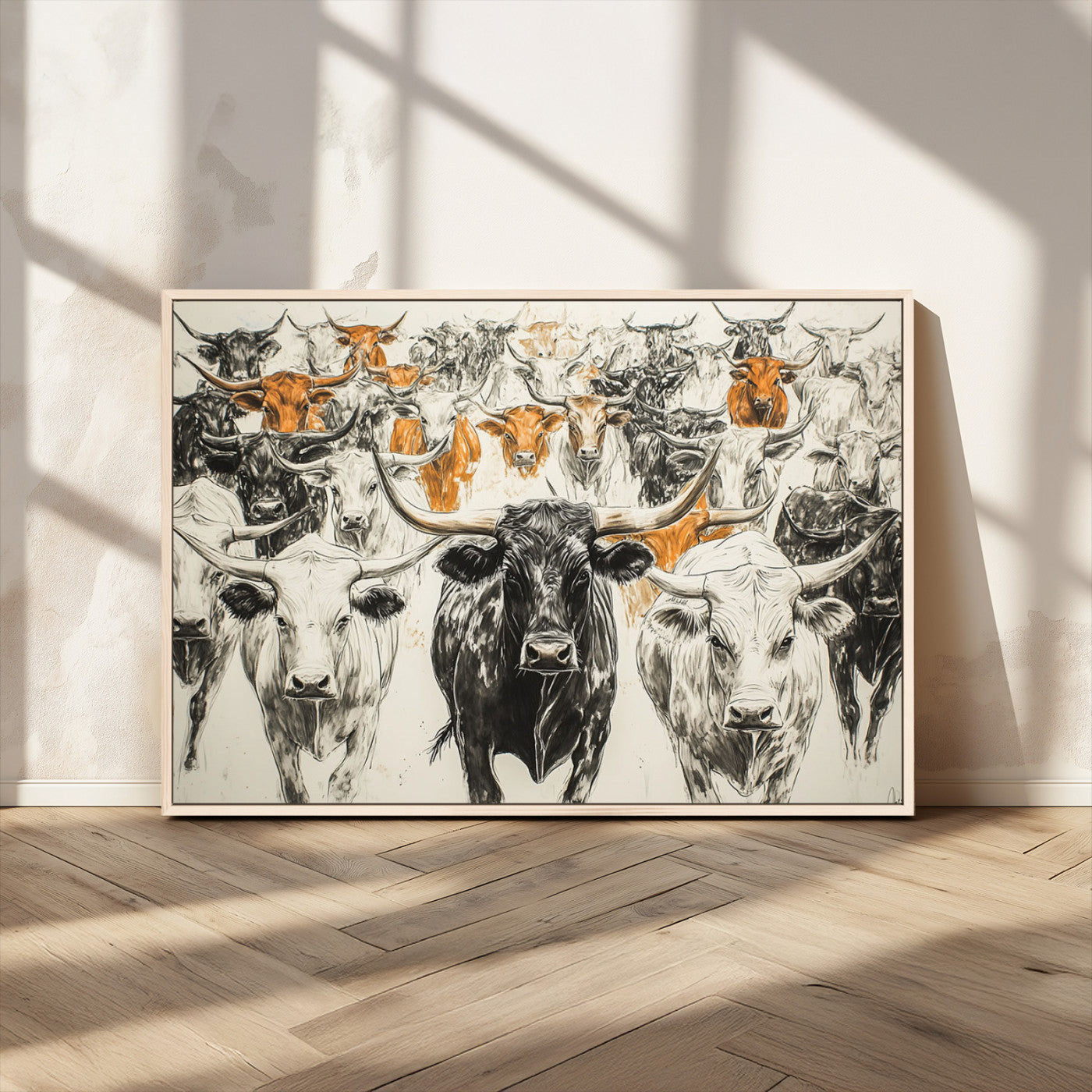 MGV-FC-36X24 - Texas Longhorn Wall Art - Herd Canvas Wall Art Print - Abstract Cow Drawing Wall Art Print for