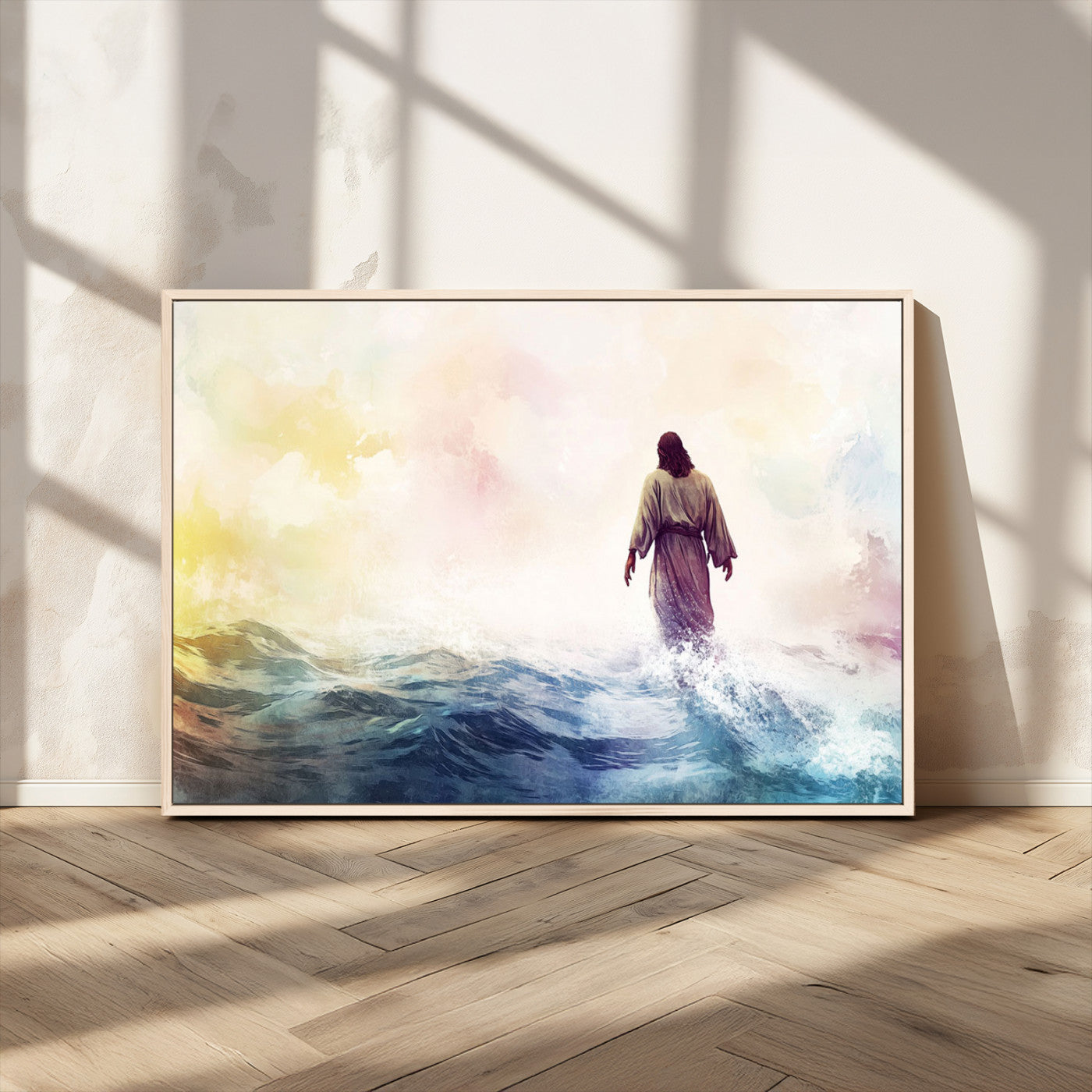 MGV-FC-36X24 - Watercolor Jesus Walking on Water Canvas Print, Christian Wall Art, Jesus Christ Walking