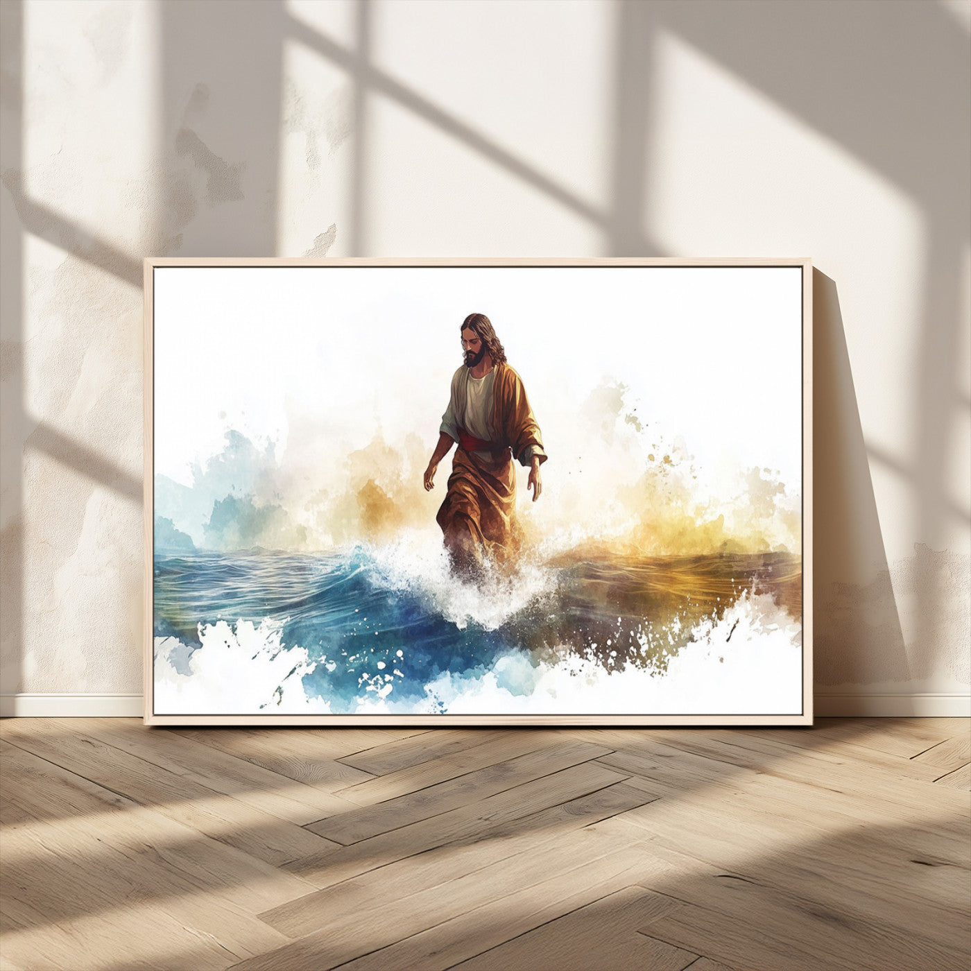 MGV-FC-36X24 - Watercolor Jesus Walking Wall Art Print, Jesus Water Canvas Print, Christian Wall Art, Jesus Christ