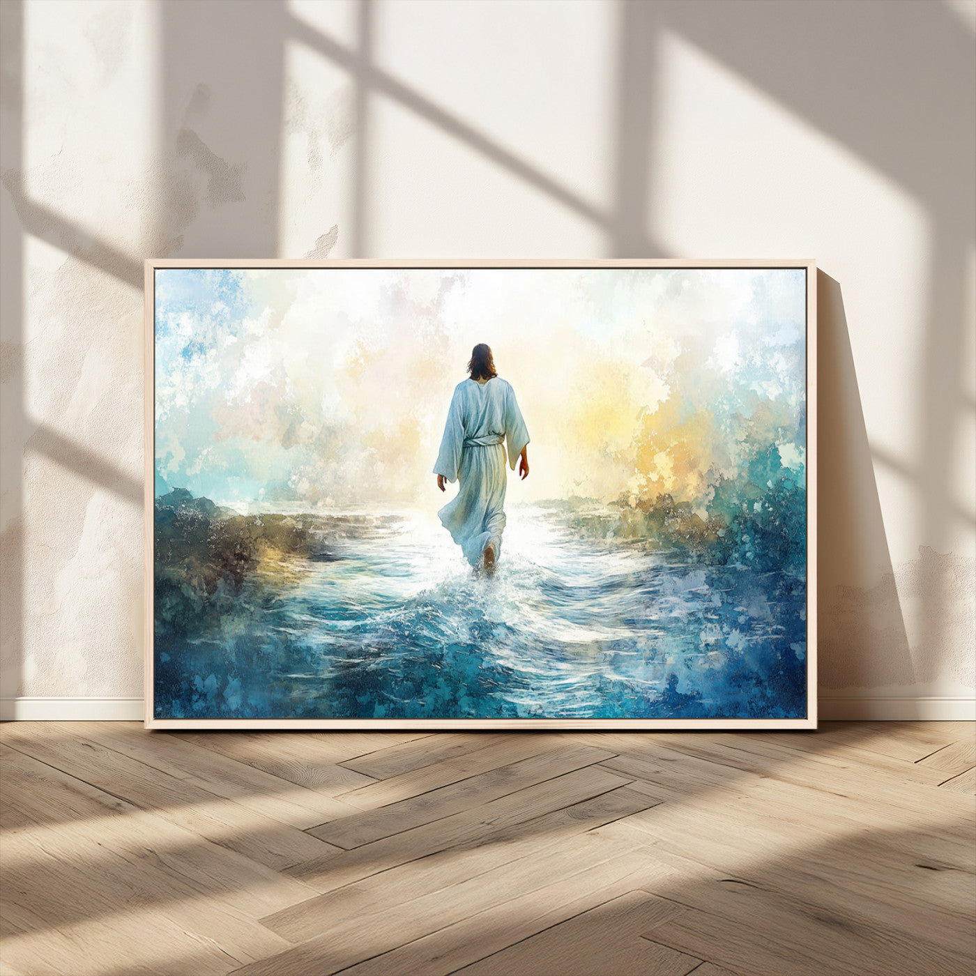 MGV-FC-36X24 - Watercolor Jesus Walking on Water Canvas Print, Christian Wall Art, Jesus Christ Walking