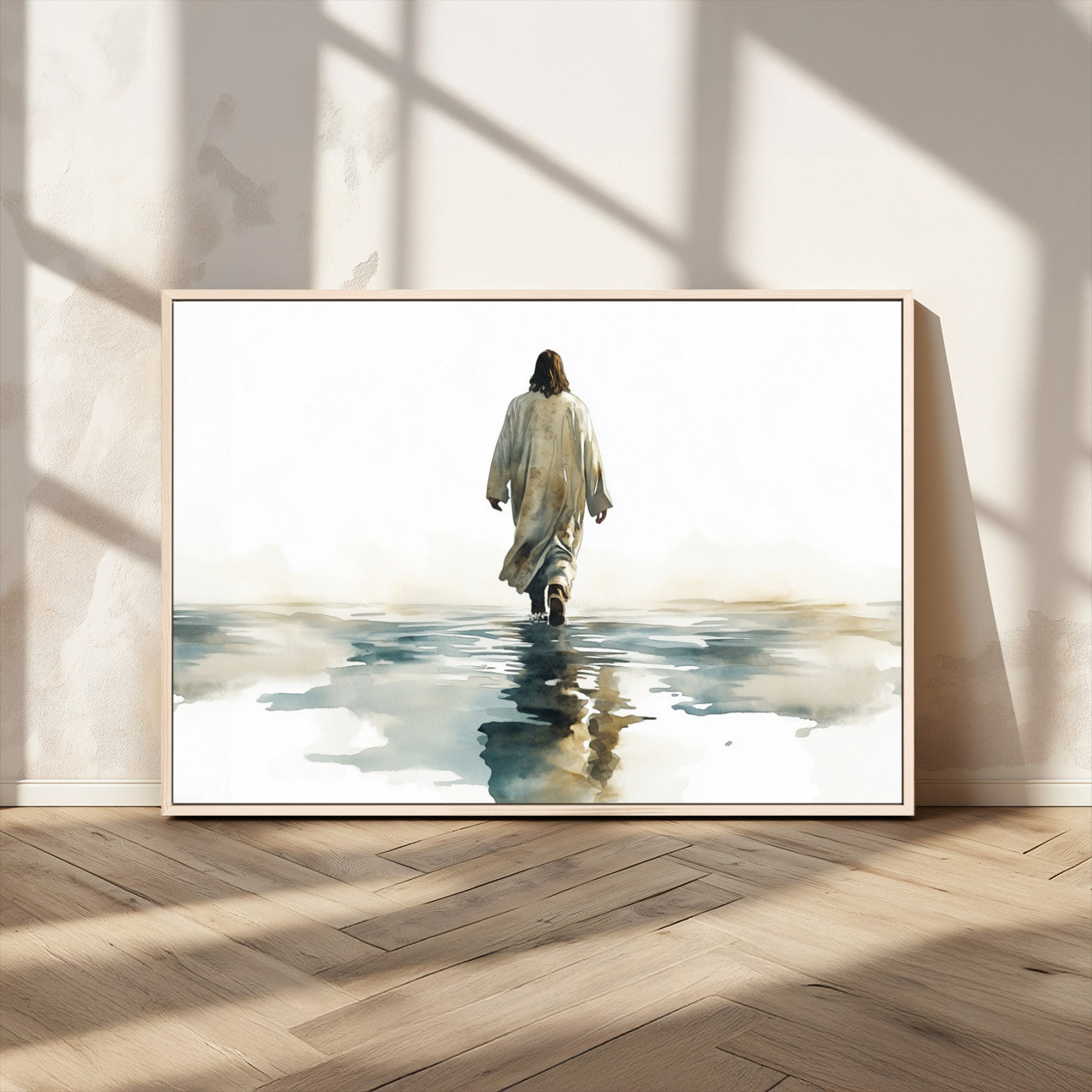 MGV-FC-36X24 - Watercolor Jesus Walking on Water Canvas Print, Christian Wall Art, Jesus Christ Walking