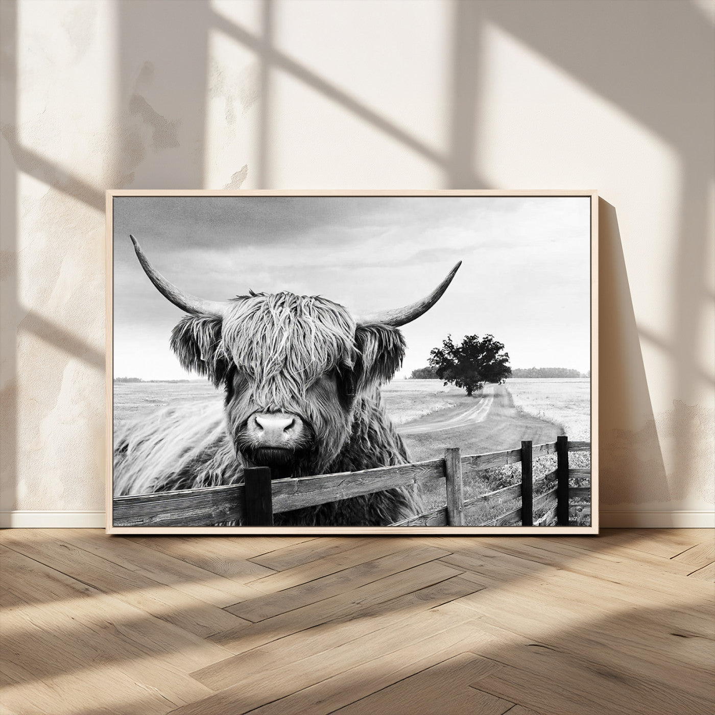 MGV-FC-36X24 - Scottish Highland Cow Wall Art | Rustic Farmhouse Décor | Black and White Ready to Hang Canvas Print