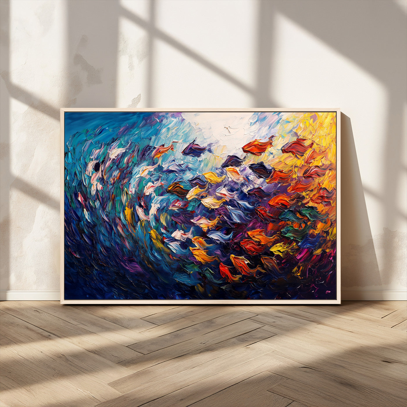 MGV-FC-36X24 - Vibrant Abstract Fish Swarm Art – Colorful Fish Inspired 3-Piece Canvas Wall Art for Living Room or
