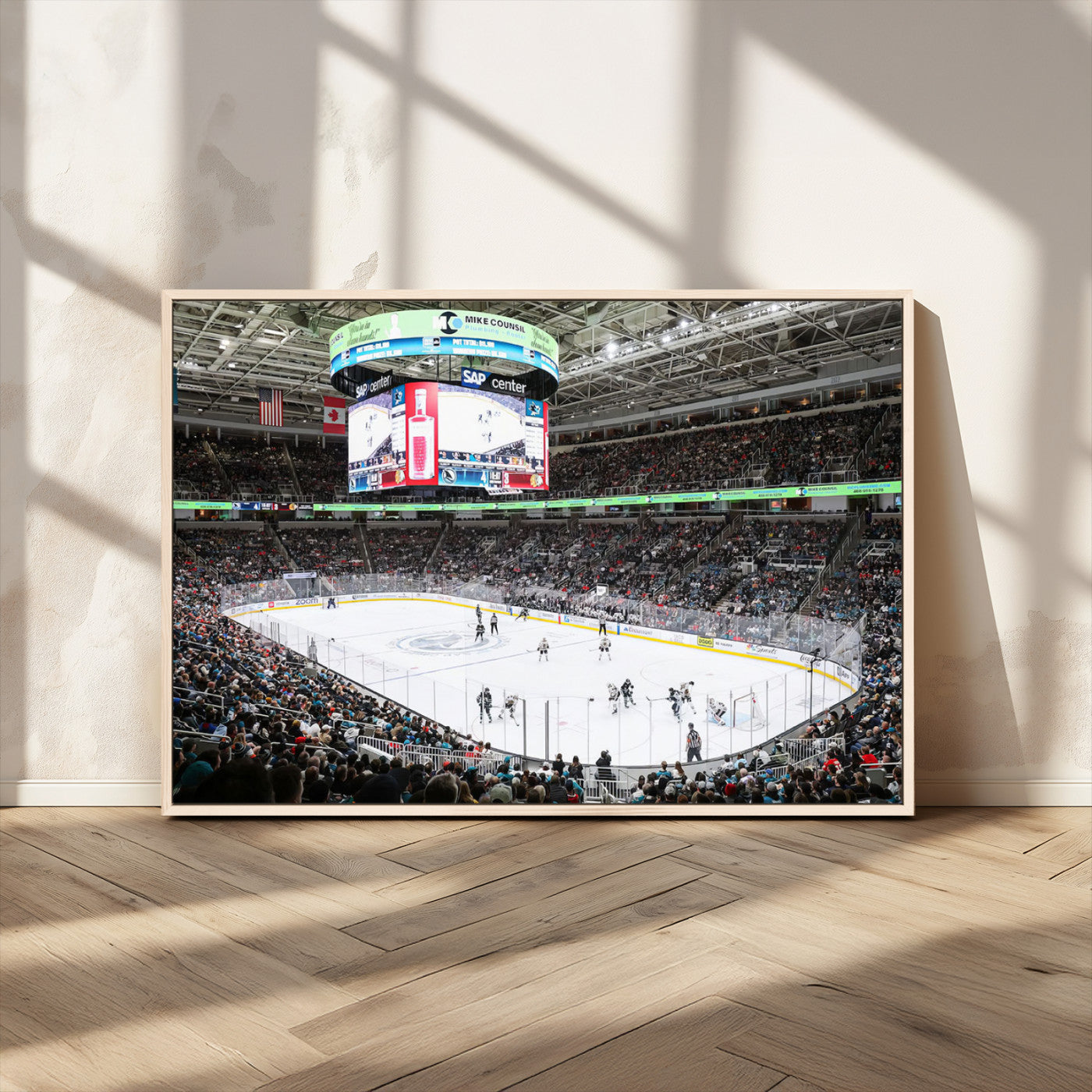 MGV-FC-36X24 - Sharks Arena Blackhawks Sharks Ice Hockey Stadium Wall Art Canvas Print, Framed Blackhawks Sharks