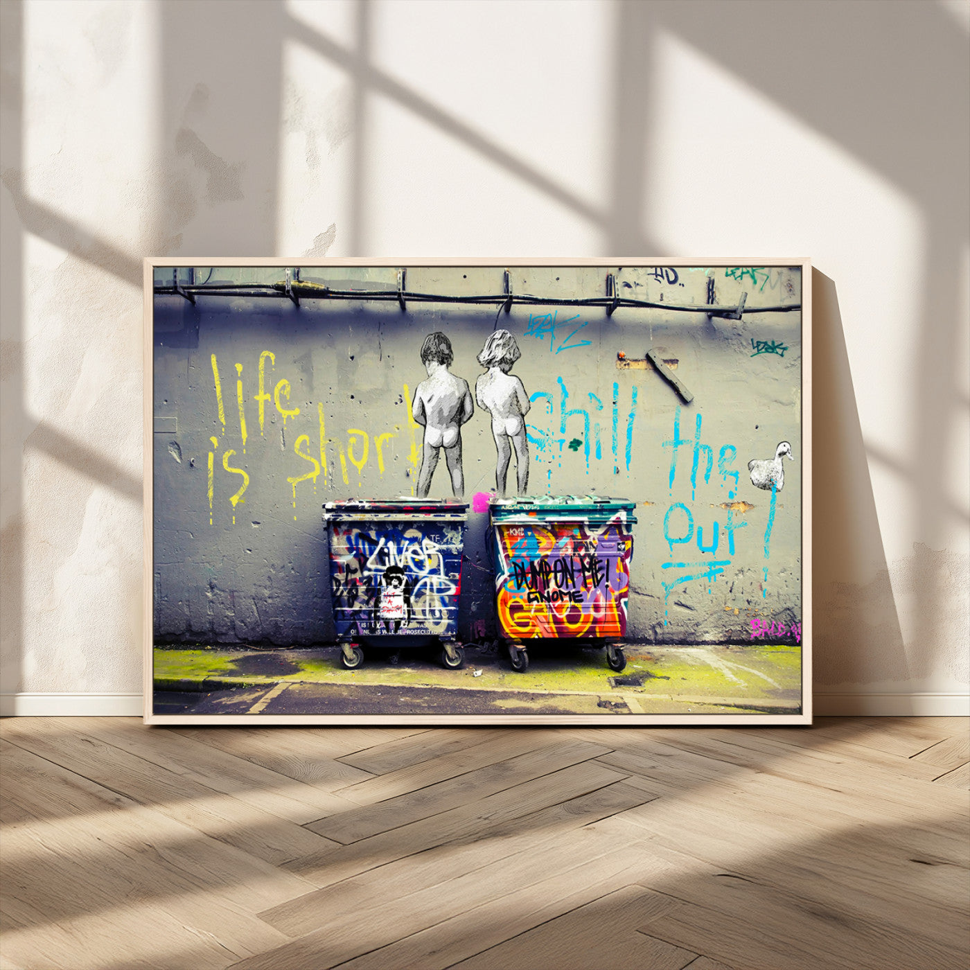 MGV-FC-36X24 - Banksy Life is Short Wall Art - Iconic Graffiti Art on Framed Ready-to-Hang Canvas - Street Art