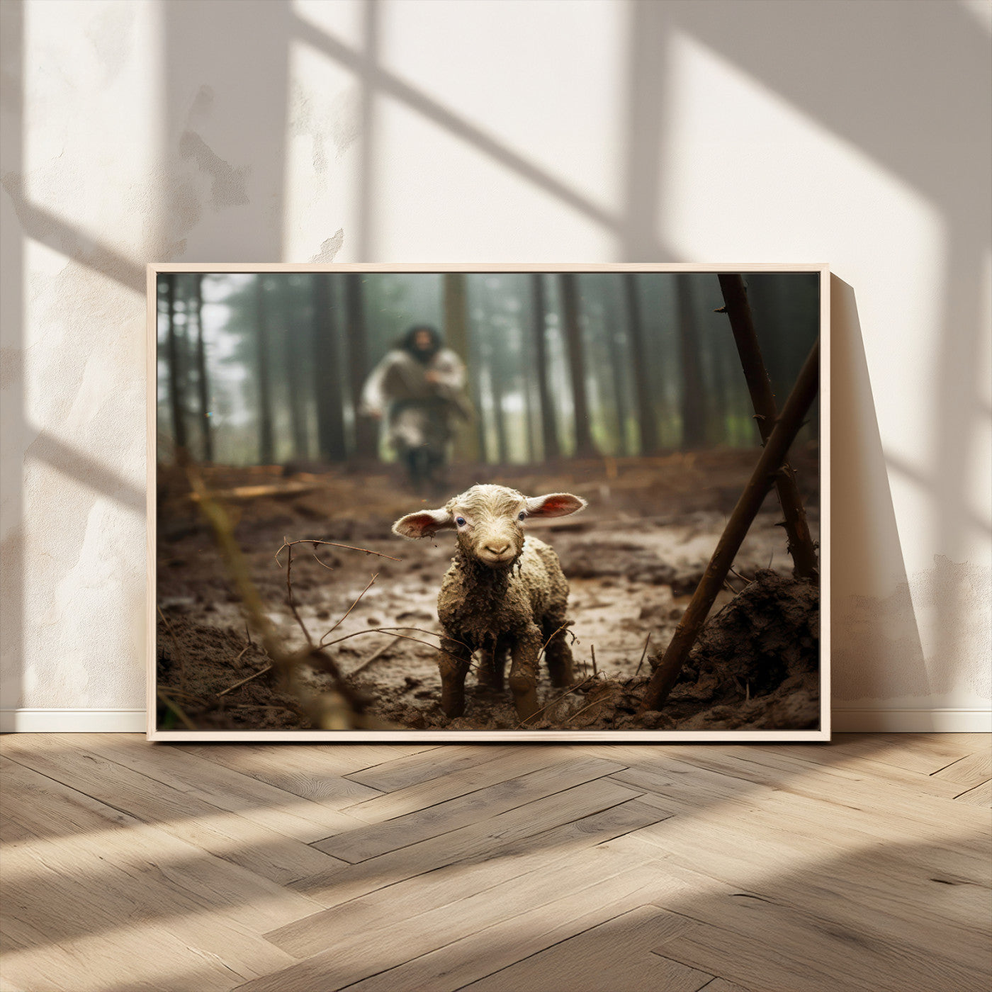 MGV-FC-36X24 - Jesus Running After a Lost Lamb Canvas Wall Art Print