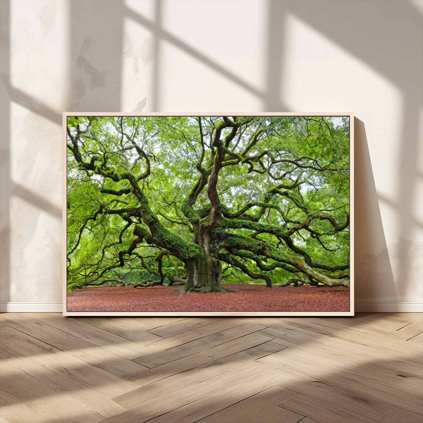 MGV-FC-36X24 - Framed Angel Oak Tree Wall Art - 3-Panel Canvas Prints, Large Green Nature Artwork, Ready to Hang