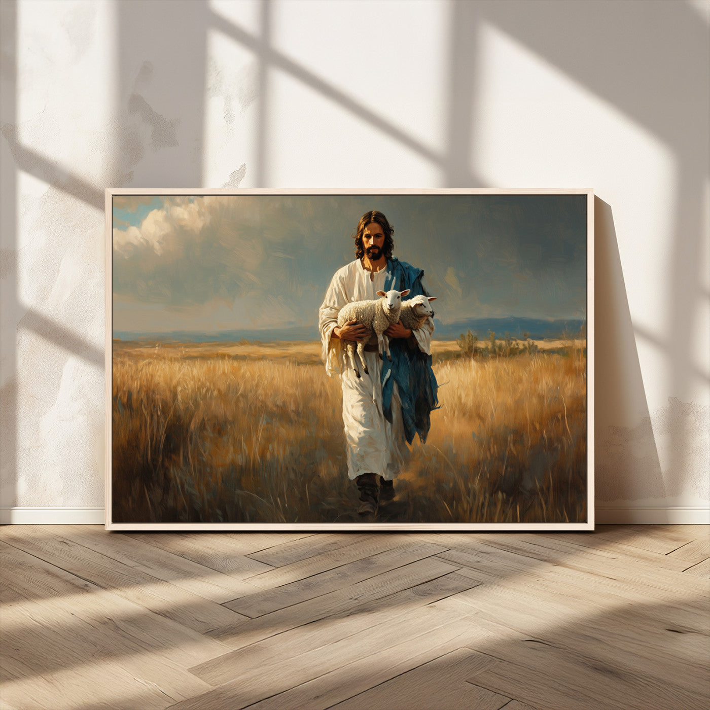 MGV-FC-36X24 - Jesus Shepherd Wall Art | Ready to Hang Triptych Canvas of Jesus Holding a Lamb in a Field |