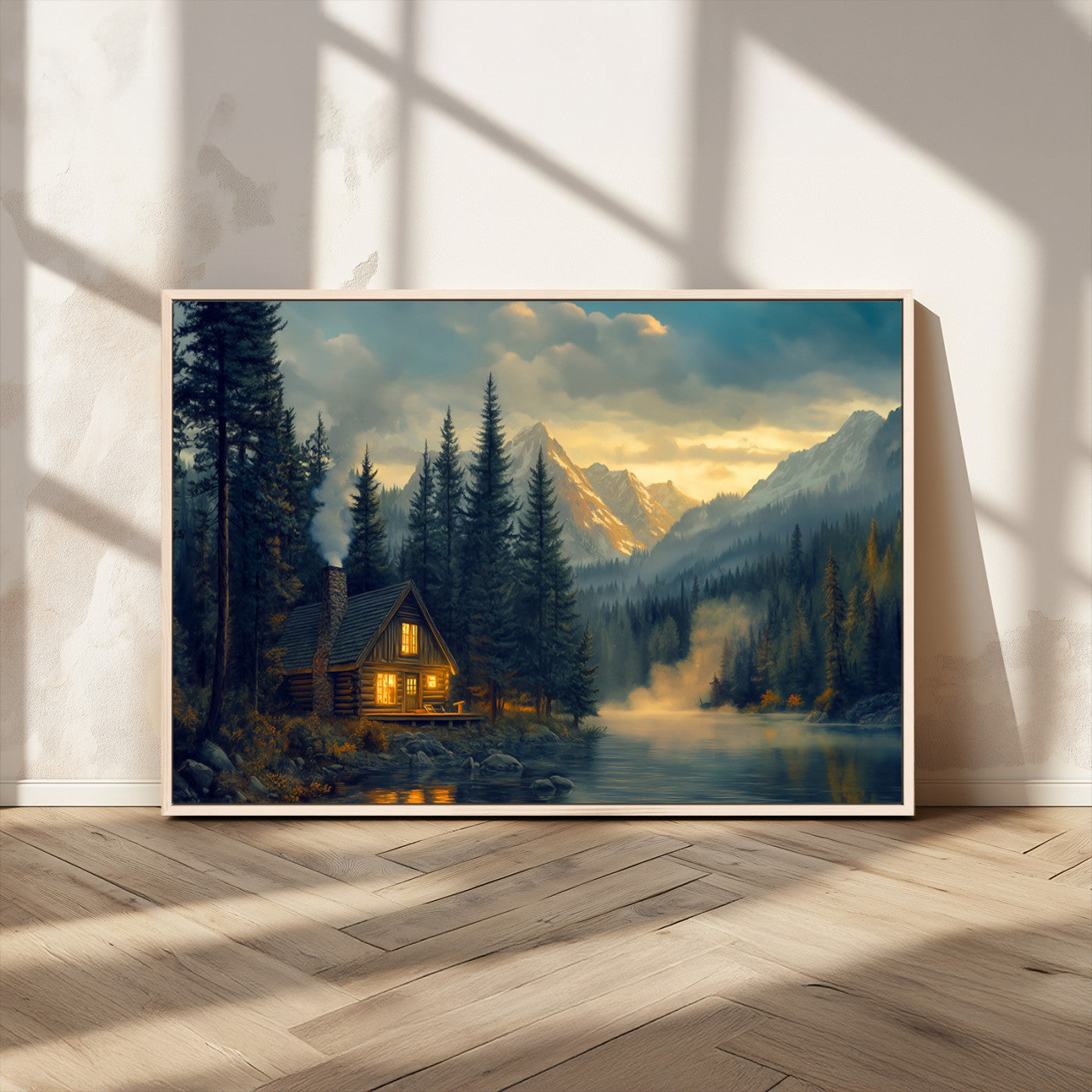MGV-FC-36X24 - Mountain Cabin by the Lake at Sunset Wall Art - Serene Nature Canvas Print for Living Room Decor,
