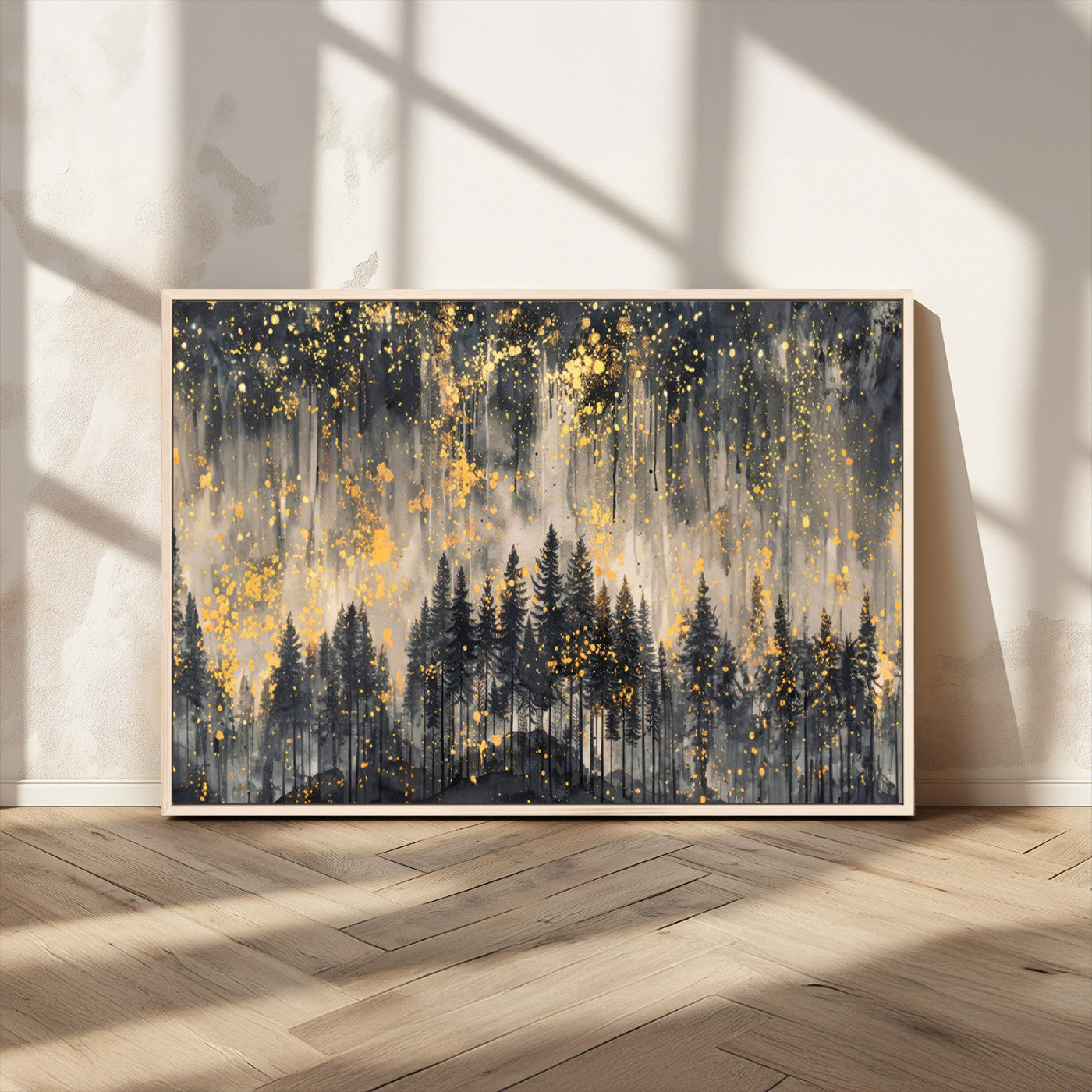 MGV-FC-36X24 - Golden Forest Abstract Wall Art | Dark Forest with Gold Splatter Accents | Triptych Ready to Hang