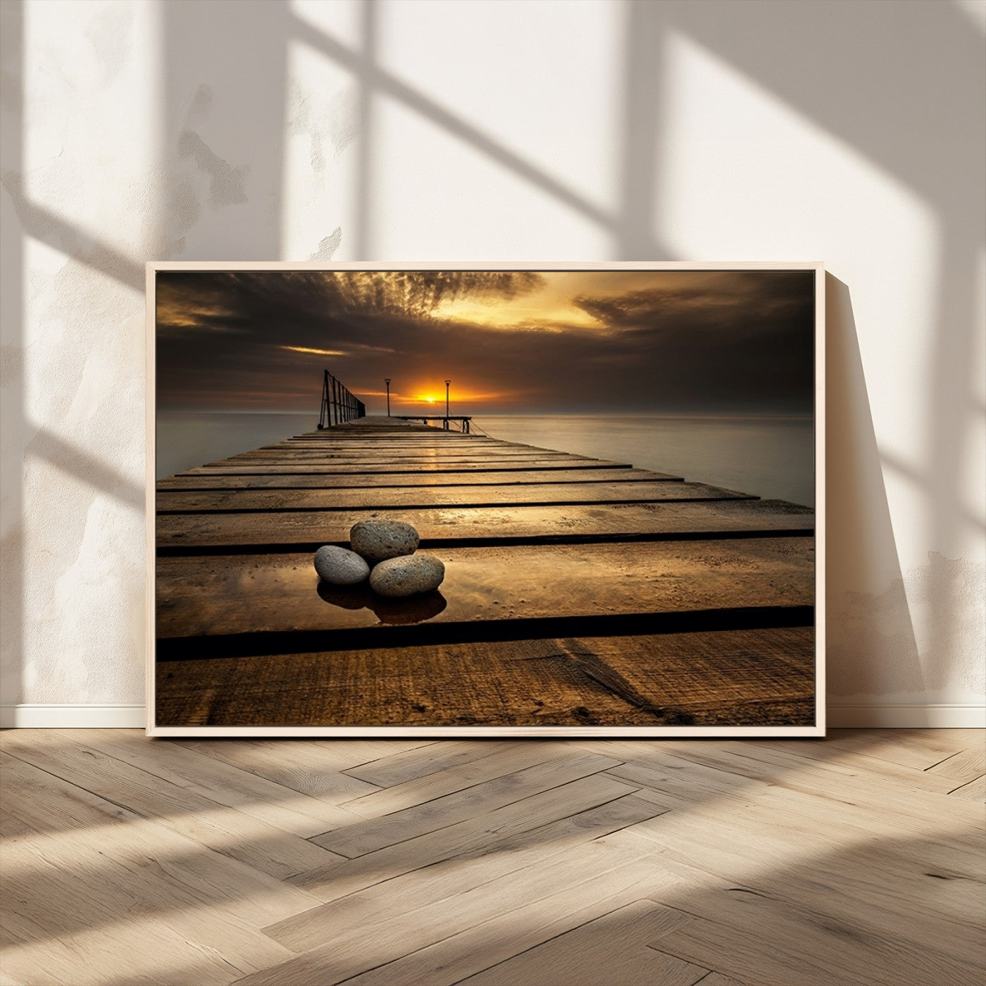 MGV-FC-36X24 - Stones on Wooden Pier at Sunset Canvas Print, Serene Coastal Wall Art, Beach Sunset Photography,