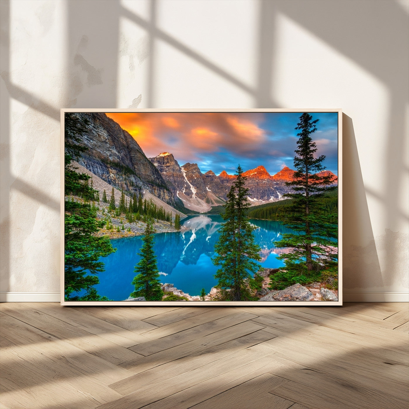 MGV-FC-36X24 - Canadian Rockies Moraine Lake Wall Art Canvas Print, Pine Trees Mountain Spring Canvas Print