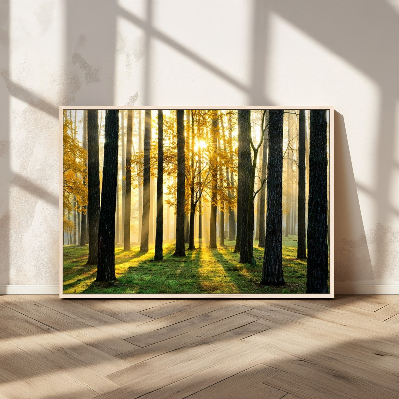 MGV-FC-36X24 - Sunlit Forest Canvas Wall Art – Serene Woodland Triptych Landscape Print – Nature-Inspired Decor for