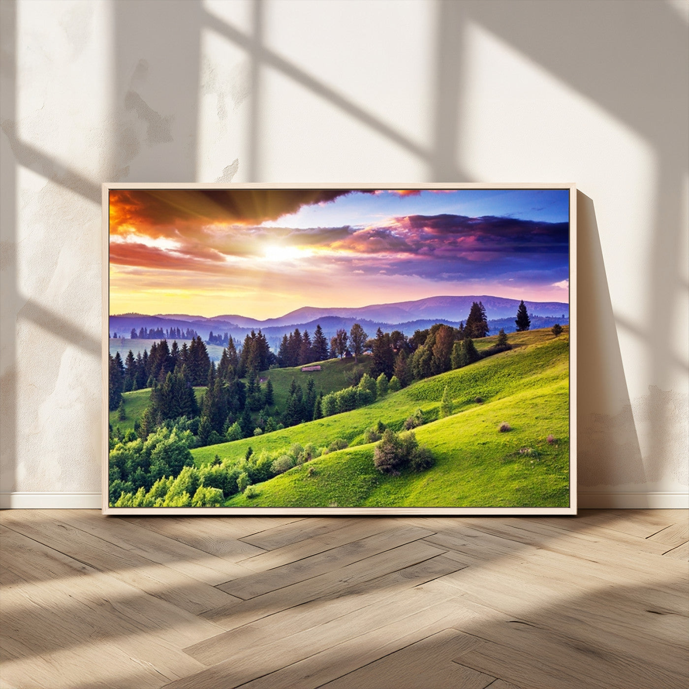 MGV-FC-36X24 - Green Hills and Sunset Wall Art Print - Scenic Landscape with Lush Greenery and Vibrant Sky, Ready