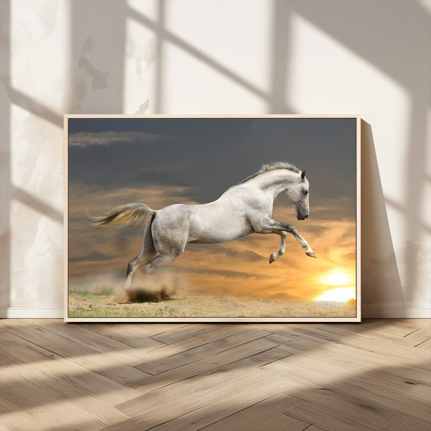 MGV-FC-36X24 - Large Wall Art Animal Canvas Print - White Jumping Horse at Sunset
