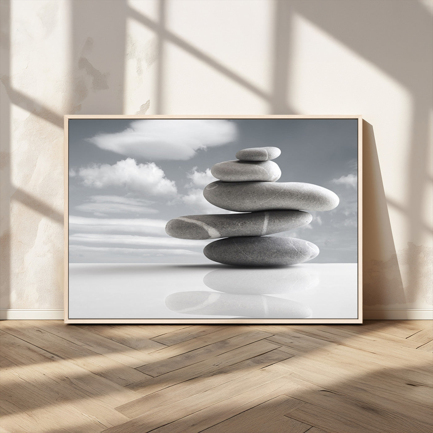 MGV-FC-36X24 - Still Life Black and White Zen Stones Wall Art Canvas, Framed Black and White Zen Stones Canvas