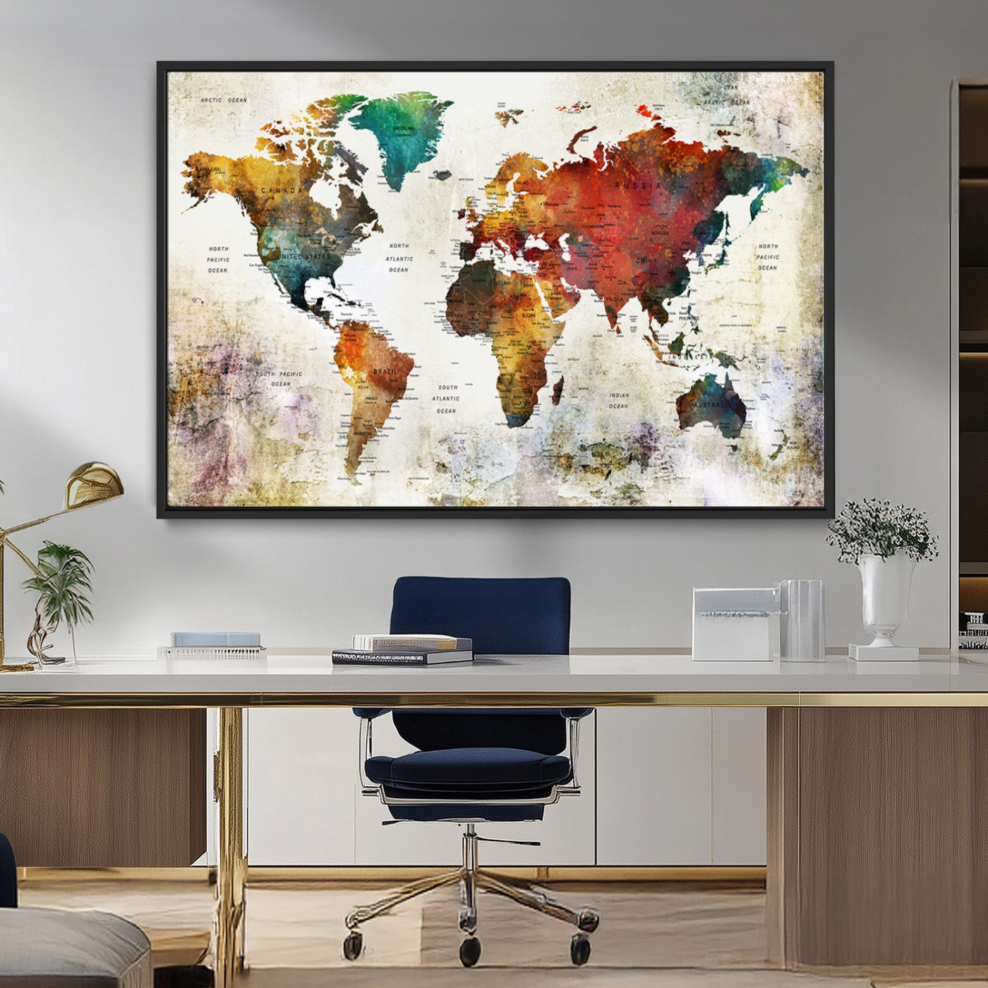 92207-MGV-FC-36X24_Black-Push Pin World Map Canvas Print – Framed Wall Art for Couples to Track Their Travels – Anniversary