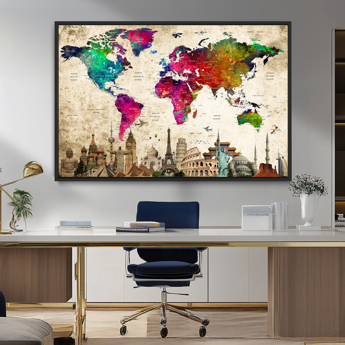 MGV-FC-36X24 - Push Pin World Map Canvas Print – Framed Wall Art for Couples to Track Their Travels – Anniversary