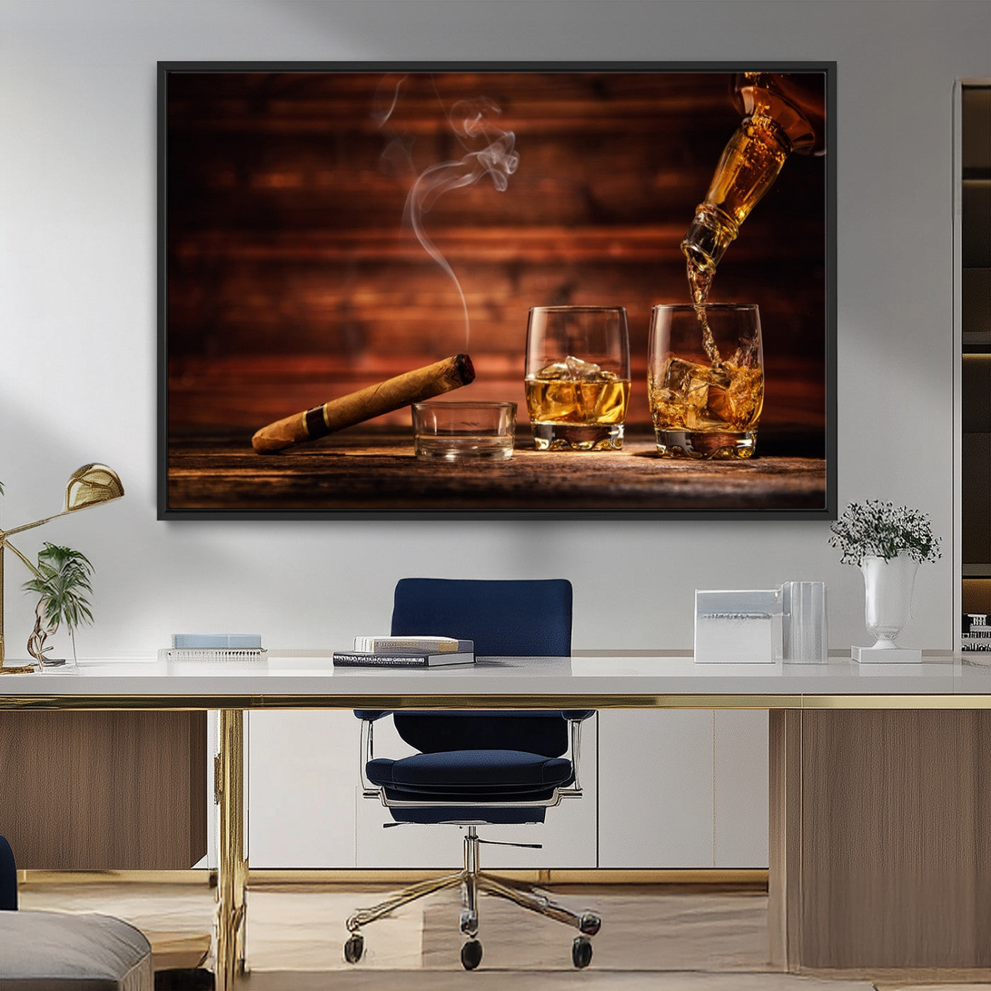 MGV-FC-36X24 - Whiskey and Cigar Wall Art Canvas | 3 Panel Bar Room Decor for Home Lounge, Office, or Man Cave |