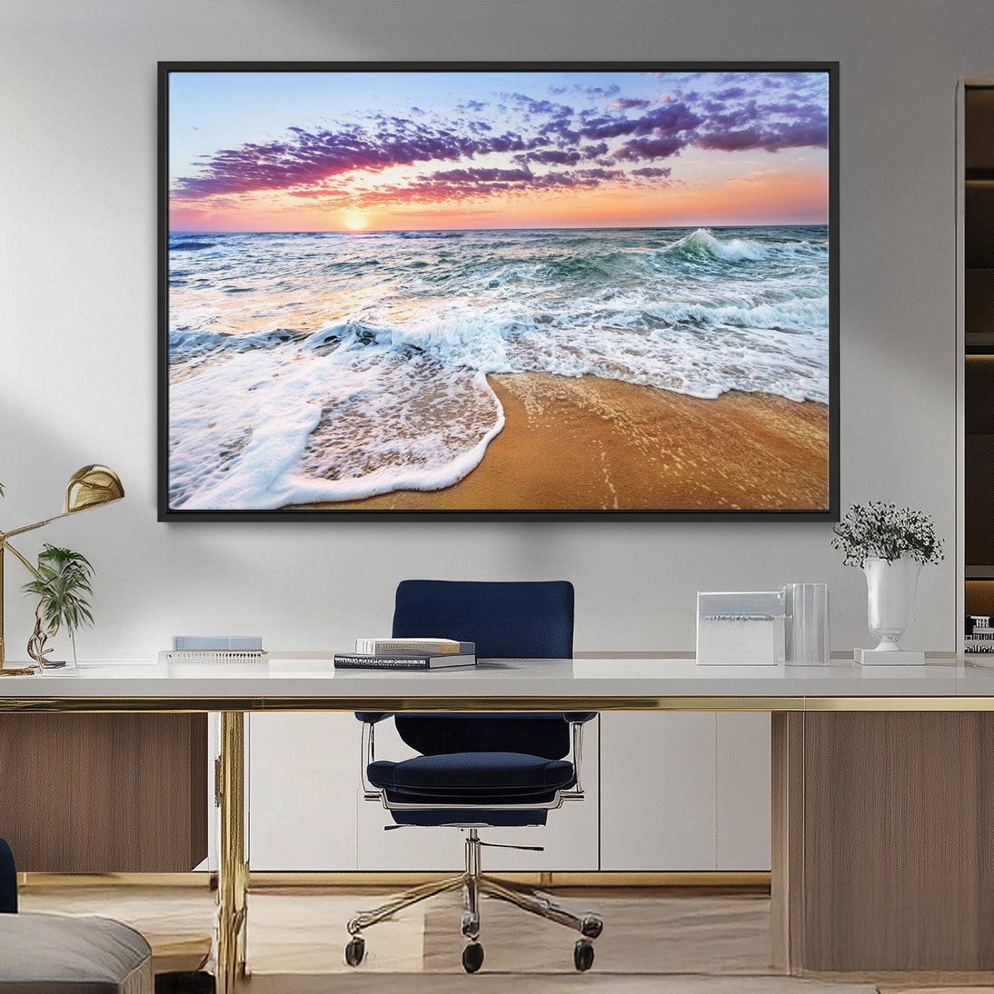 MGV-FC-36X24 - Coastal Sunset Art Beach Canvas Wall Art Print | Ocean Waves Wall Art | Large 3-Panel Seascape for