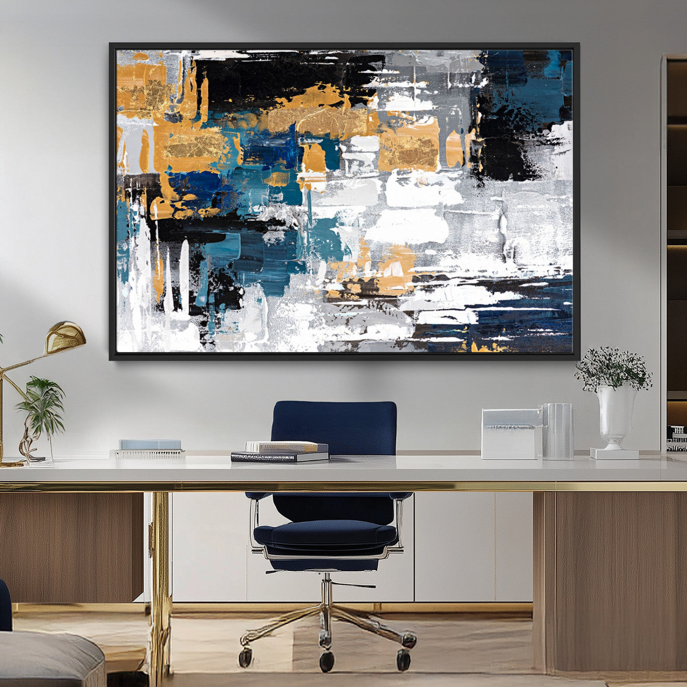 57708-MGV-FC-36X24_Black-Blue and Gold Abstract Canvas Wall Art – Triptych Modern Painting for Living Room – Framed and Ready to Hang
