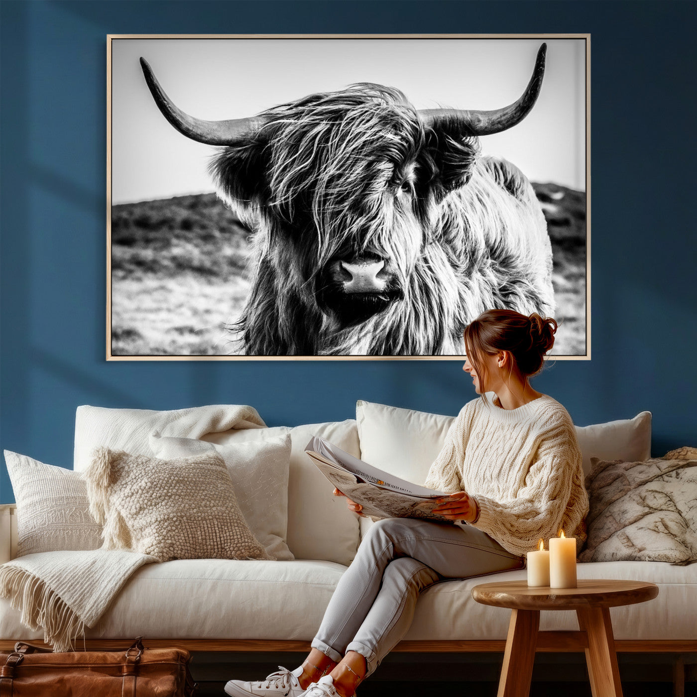 54309-MGV-CV-36X24 - Black and White Scottish Cow Canvas Wall Art Highland Cattle Canvas Print Framed Ready to Hang Original Cotton Canvas High Quality Image Multi Panel Wall Art Printable Artwork for Walls