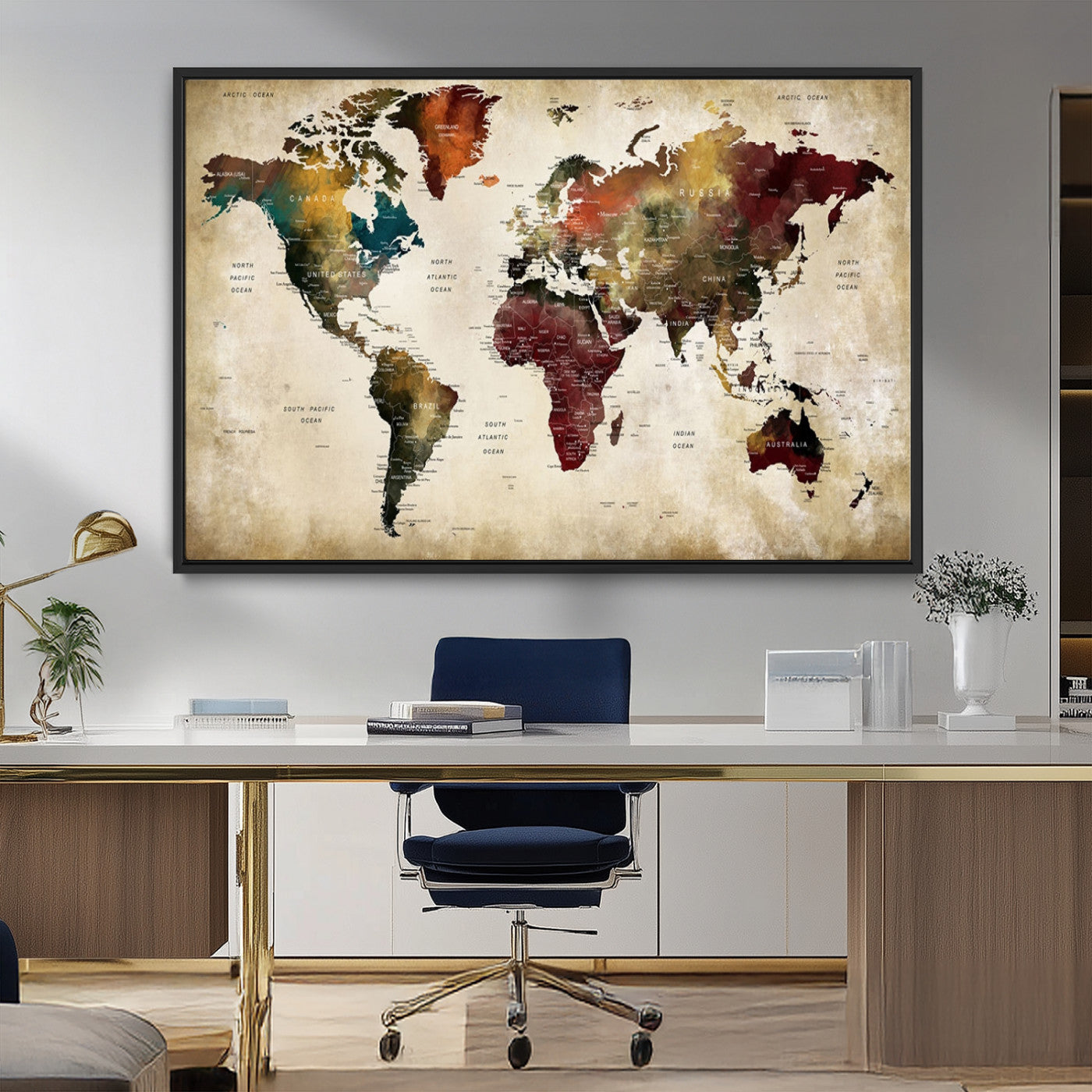 MGV-FC-36X24 - Large World Map Wall Art Canvas Print, Framed Push Pin Map Art Picture Print, Abstract Traveller Map Perfect Modern Decor Artwork