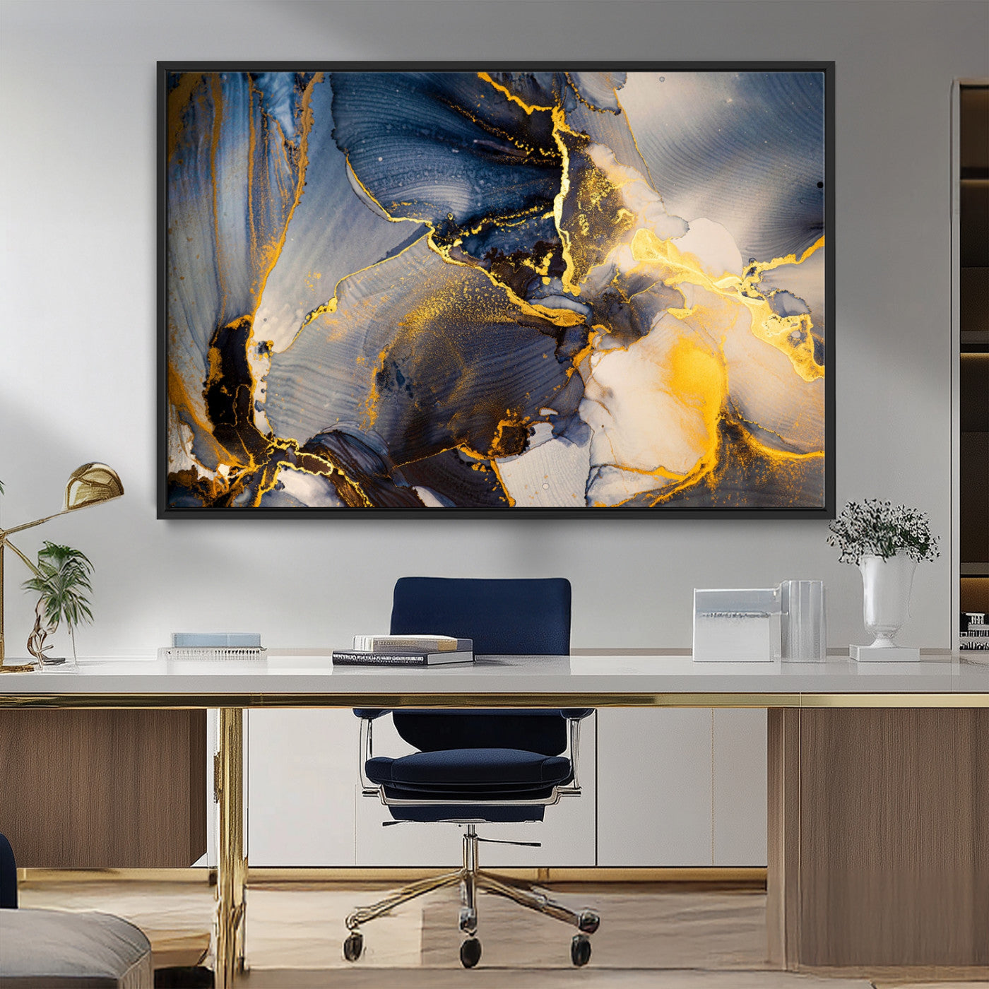 42100-MGV-FC-36X24_Black-Large Abstract Wall Art Print - Gold and Blue Abstract Canvas Wall Art | Fluid Ink Modern Luxury Wall Decor for Living Room Decor