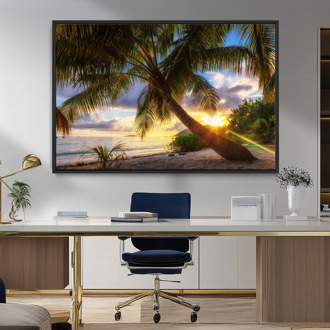 MGV-FC-36X24 - Tropical Island Sunset on the Beach Palms Wall Art Canvas Print