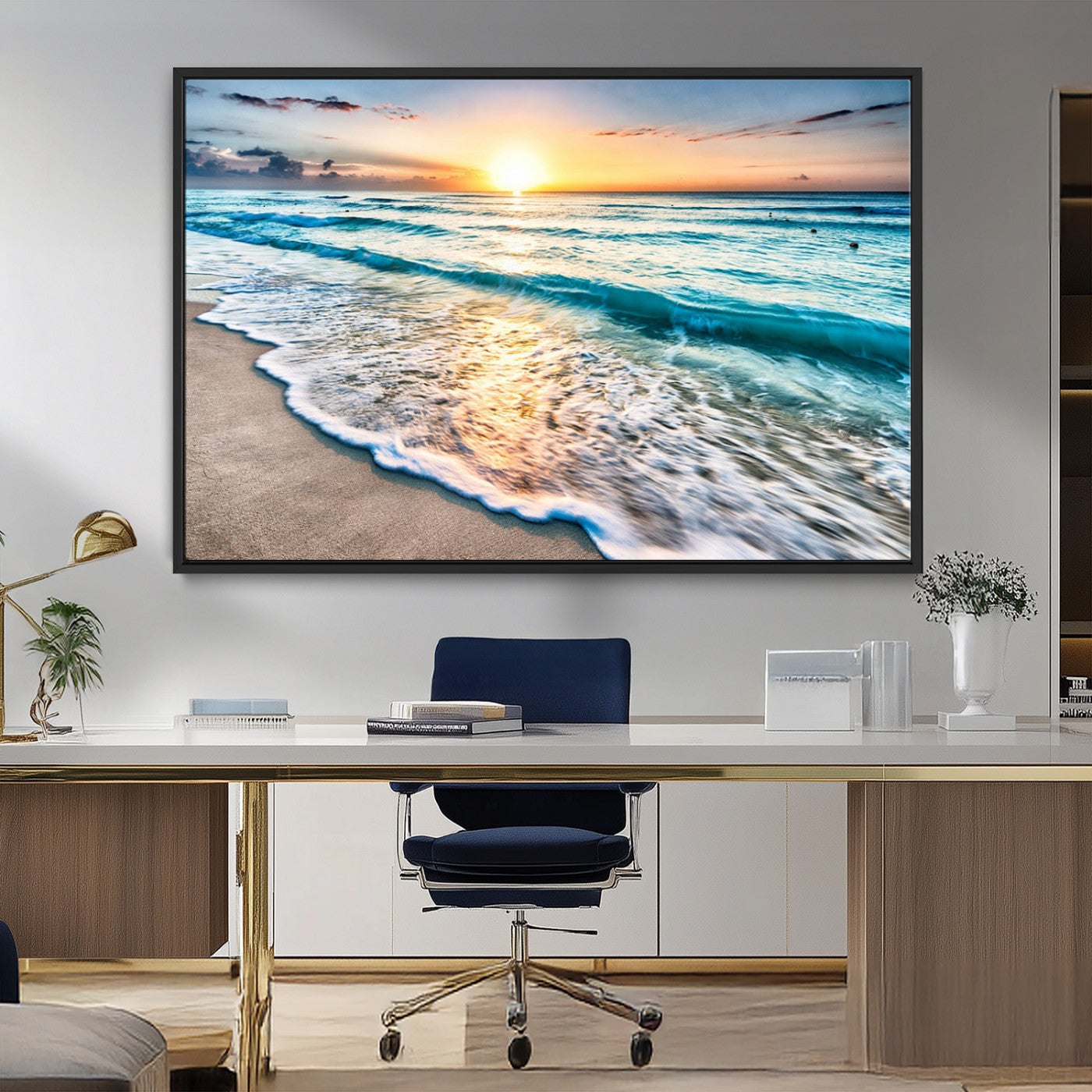 MGV-FC-36X24 - Sunset Beach Waves Canvas Wall Art – 5-Panel Ocean Sunset Print – Coastal Decor for Living Room or
