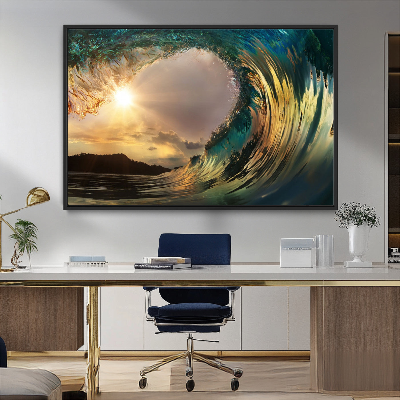MGV-FC-36X24 - Golden Wave Sunset Giclee Canvas Print – Large Coastal Wall Art for Nature Lovers, Captivating Ocean Wave Decor