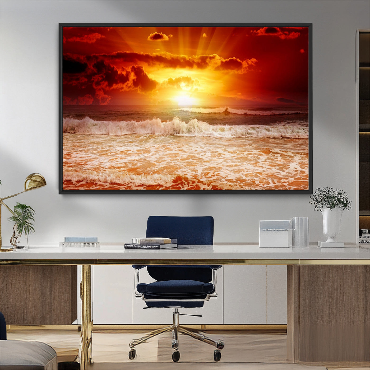 MGV-FC-36X24 - Red Sunset Ocean Beach Canvas Wall Art Beach Canvas, Coastal Sunset Print