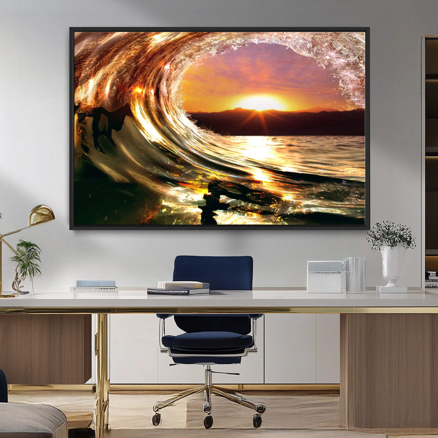 MGV-FC-36X24 - Golden Wave Sunset Triptych Canvas Art, Giclee Canvas Print of Ocean Wave and Sunset, Framed Ocean