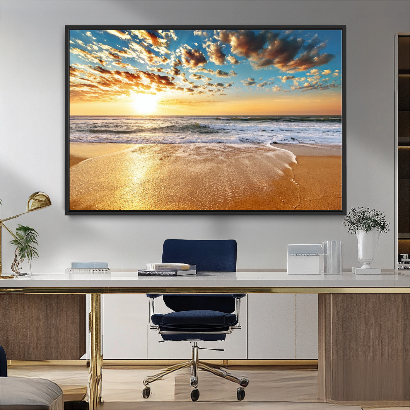 MGV-FC-36X24 - Golden Sunset Beach Print Canvas Wall Art, Giclee Canvas Print with Canon Print Quality, Triptych