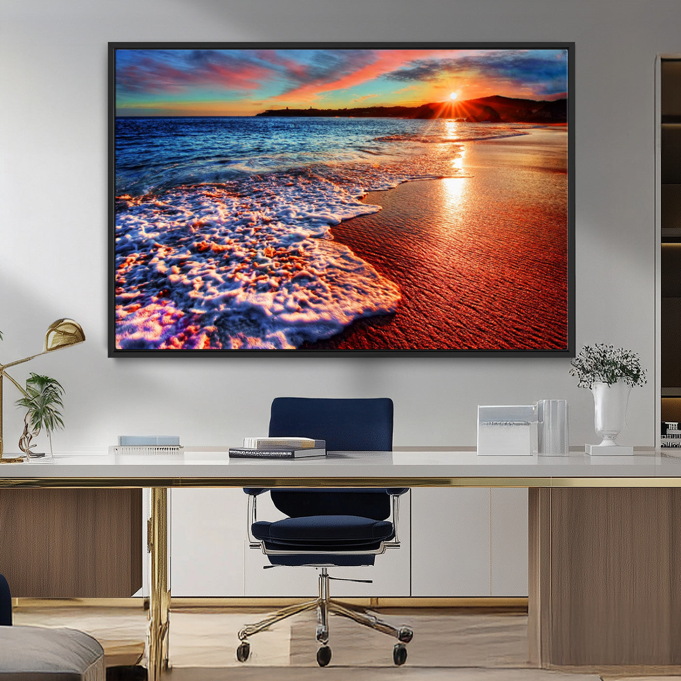 MGV-FC-36X24 - Colorful Coastal Sunset on the Beach Canvas Print, Ocean Waves Crashing at Dusk, Multi-Panel Seascape Vibrant Coastal Wall Art Canvas Print