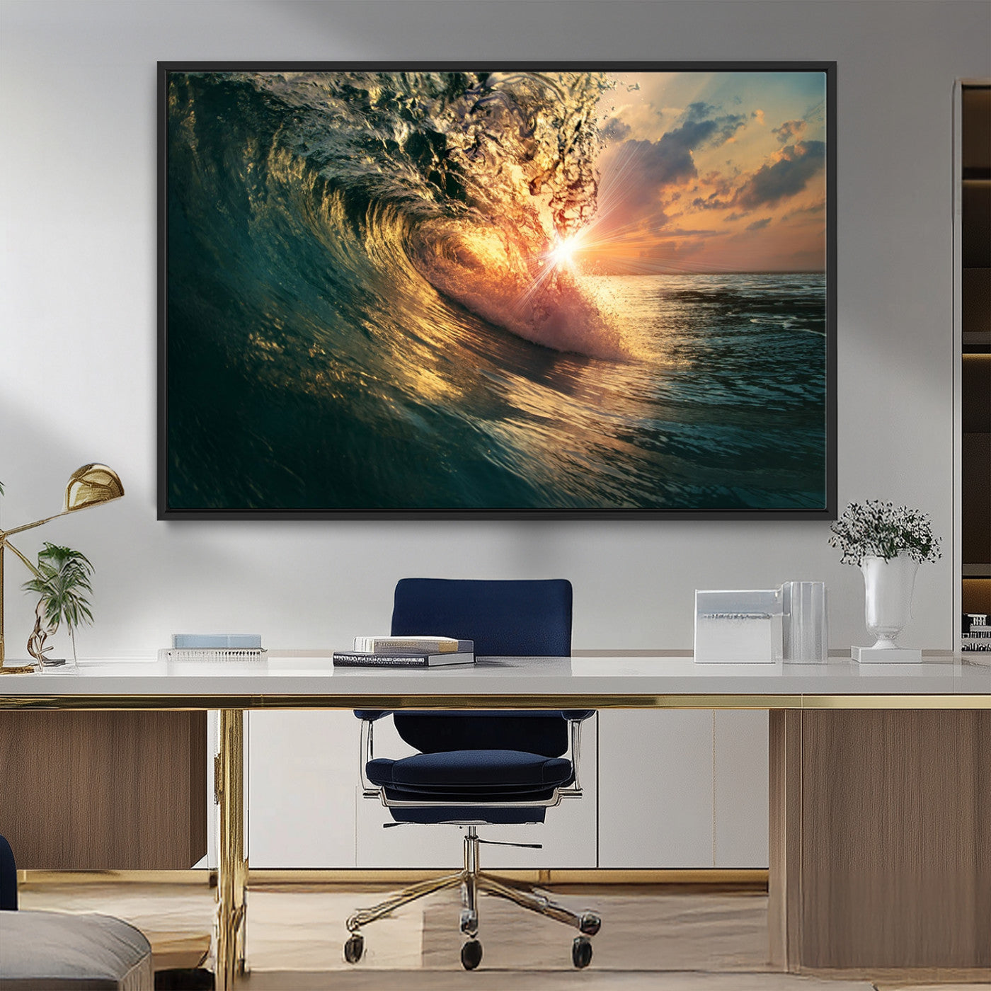 MGV-FC-36X24 - Ocean Wave Sunset Canvas Wall Art – Triptych Seascape Print – Framed and Ready to Hang for Living Room or Office