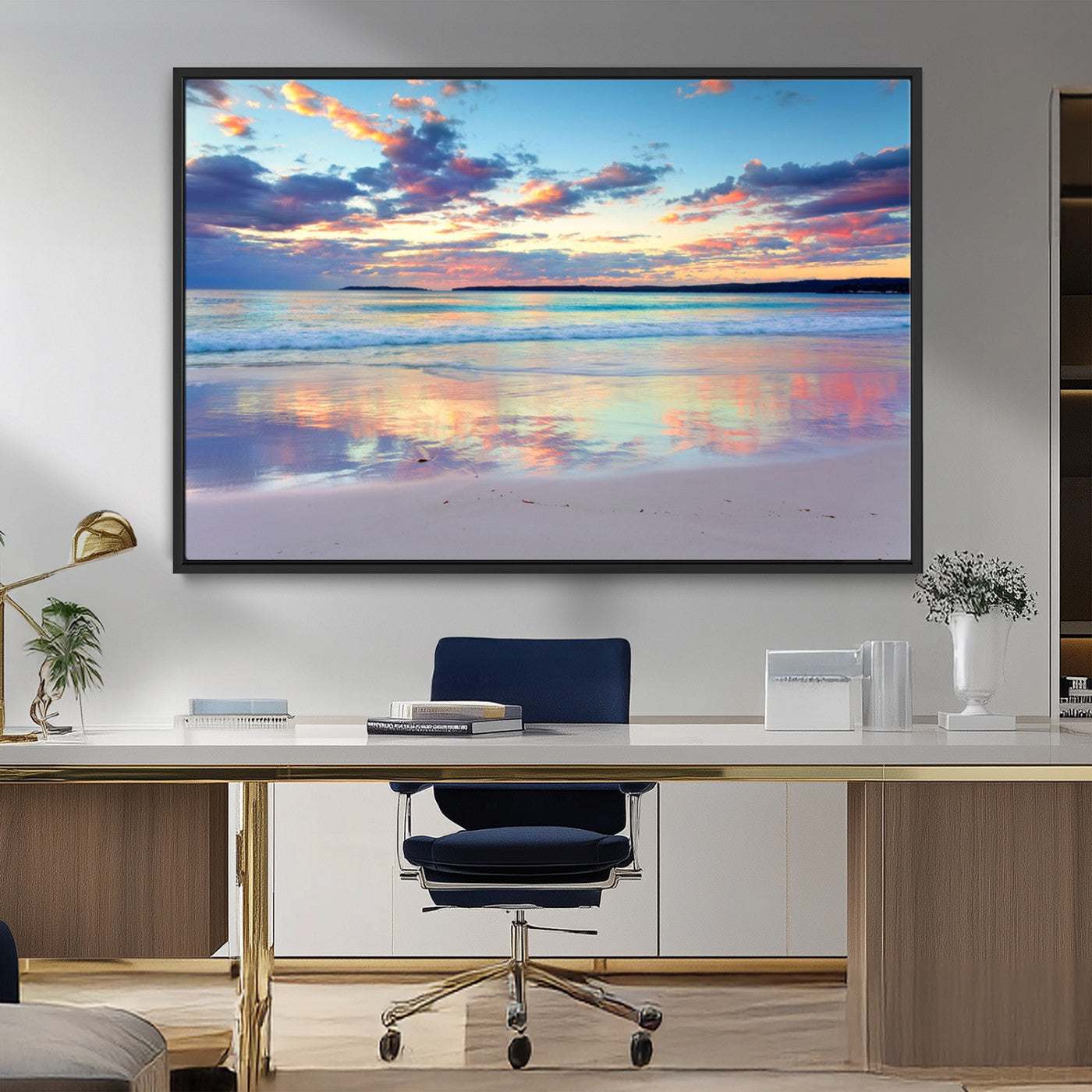 MGV-FC-36X24 - Tranquil Pastel Sunset Beach Triptych Canvas Art, Soothing Coastal Ocean Shoreline Giclee Print, Beach Reflections Wall Decor for Serene Spaces