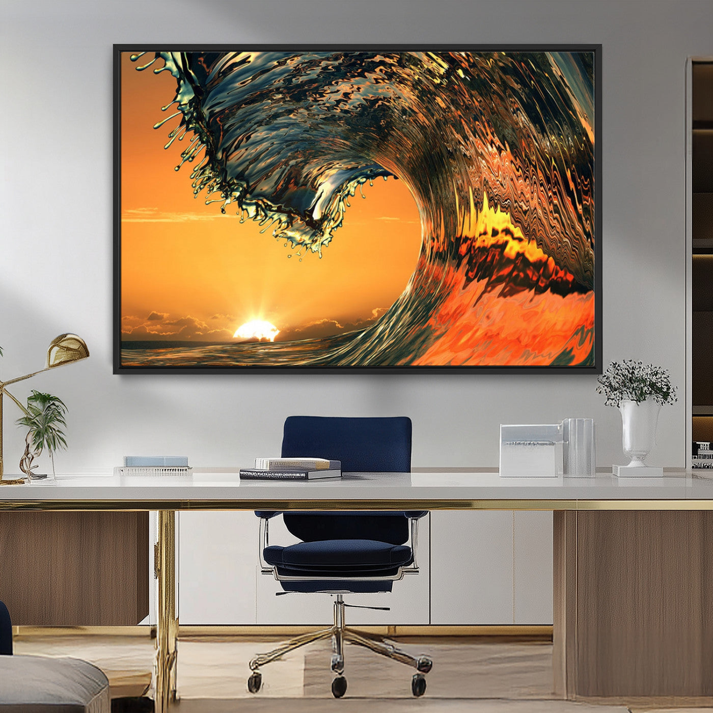 -Surf Wave Sunset Canvas Wall Art Print, 3-Panel Ocean Coastal Wall Art Print, Ocean Decor for