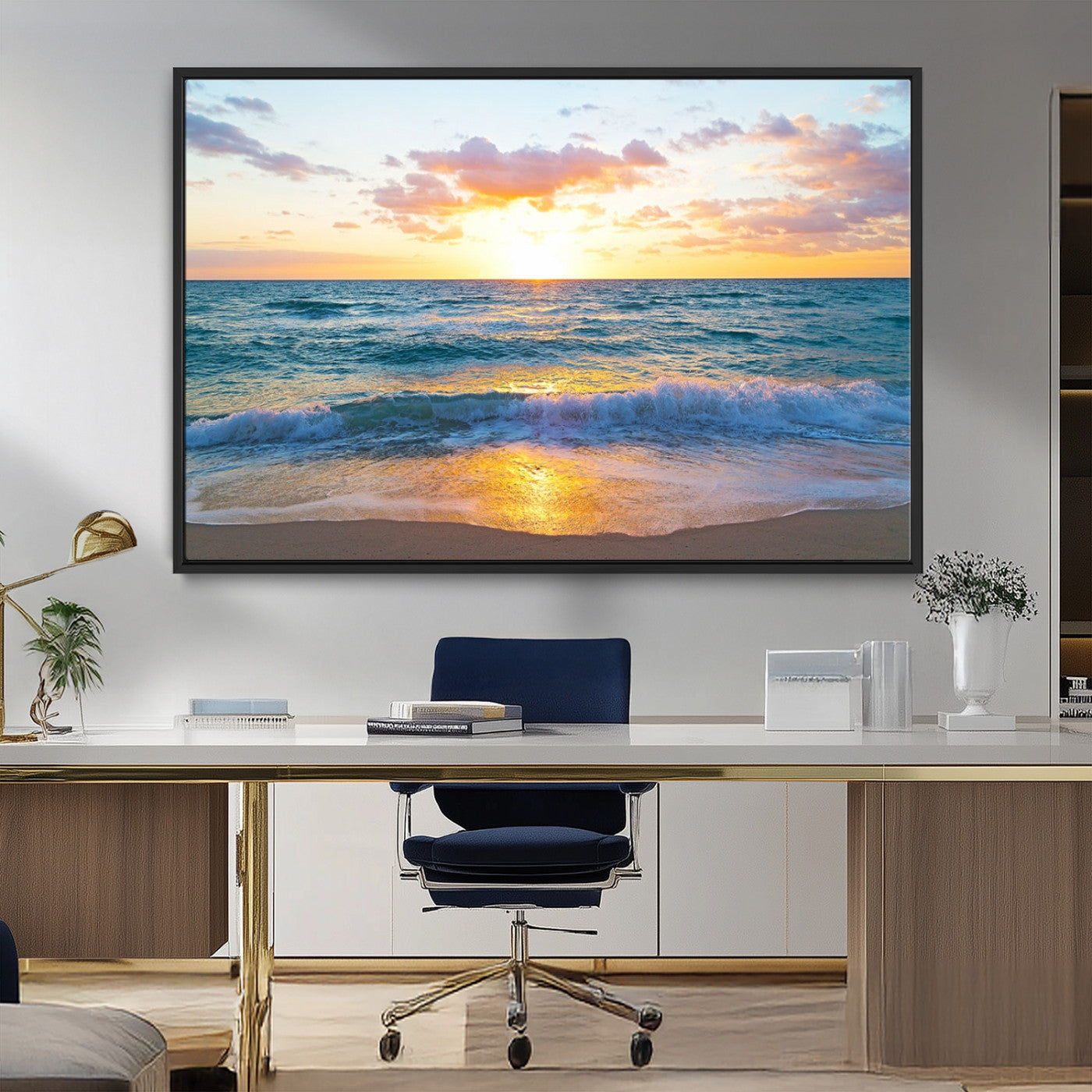 MGV-FC-36X24 - Ocean Sunset Triptych Canvas Wall Art, Giclee Beach Sunset Print with Gentle Waves, Coastal Art for Relaxation Spaces
