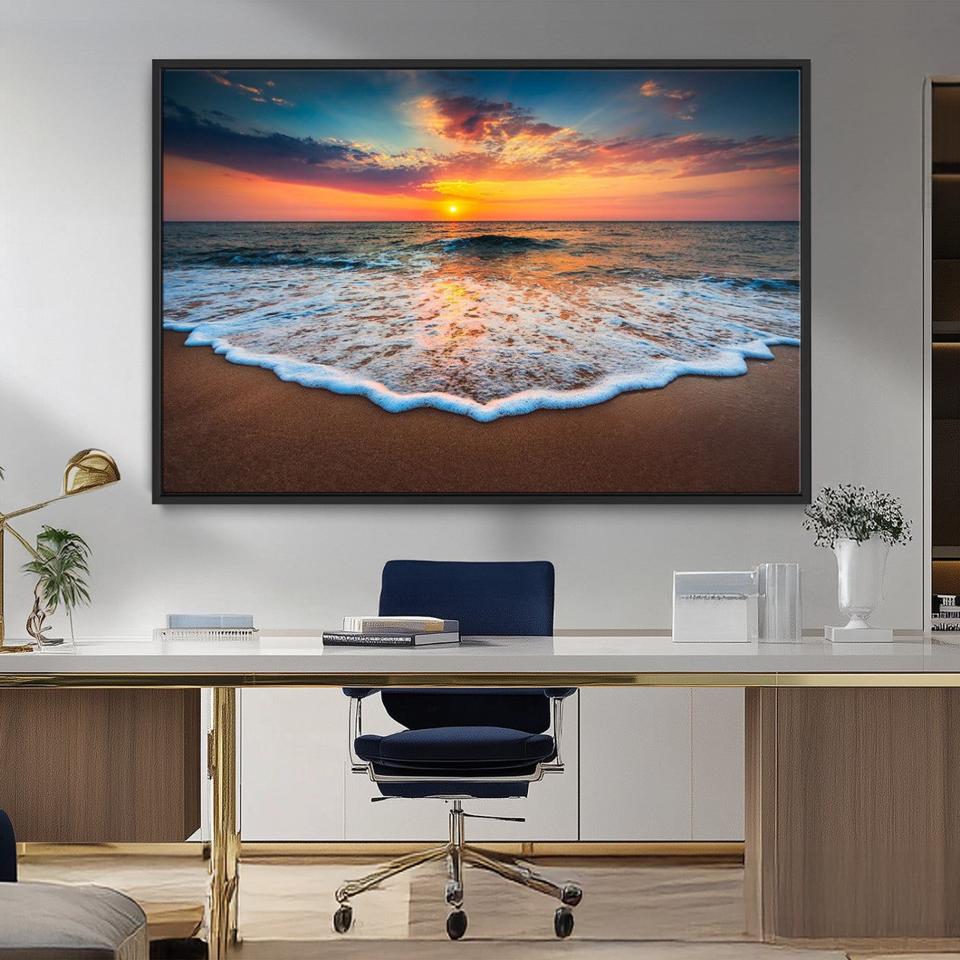 MGV-FC-36X24 - Sunset Beach Canvas Wall Art – Colorful Ocean Waves Triptych – Coastal Decor for Living Room or Bedroom – Framed and Ready to Hang