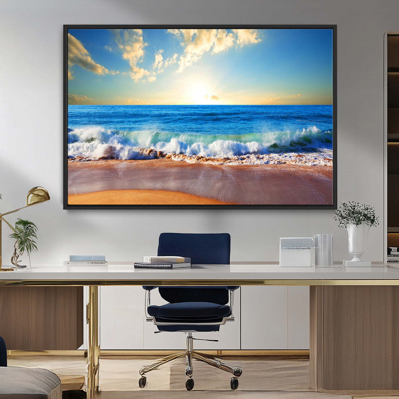 MGV-FC-36X24 - Tropical Beach Sunset Canvas Art, Ocean Waves and Sandy Shoreline Wall Art, Large Beach Decor for Coastal Homes