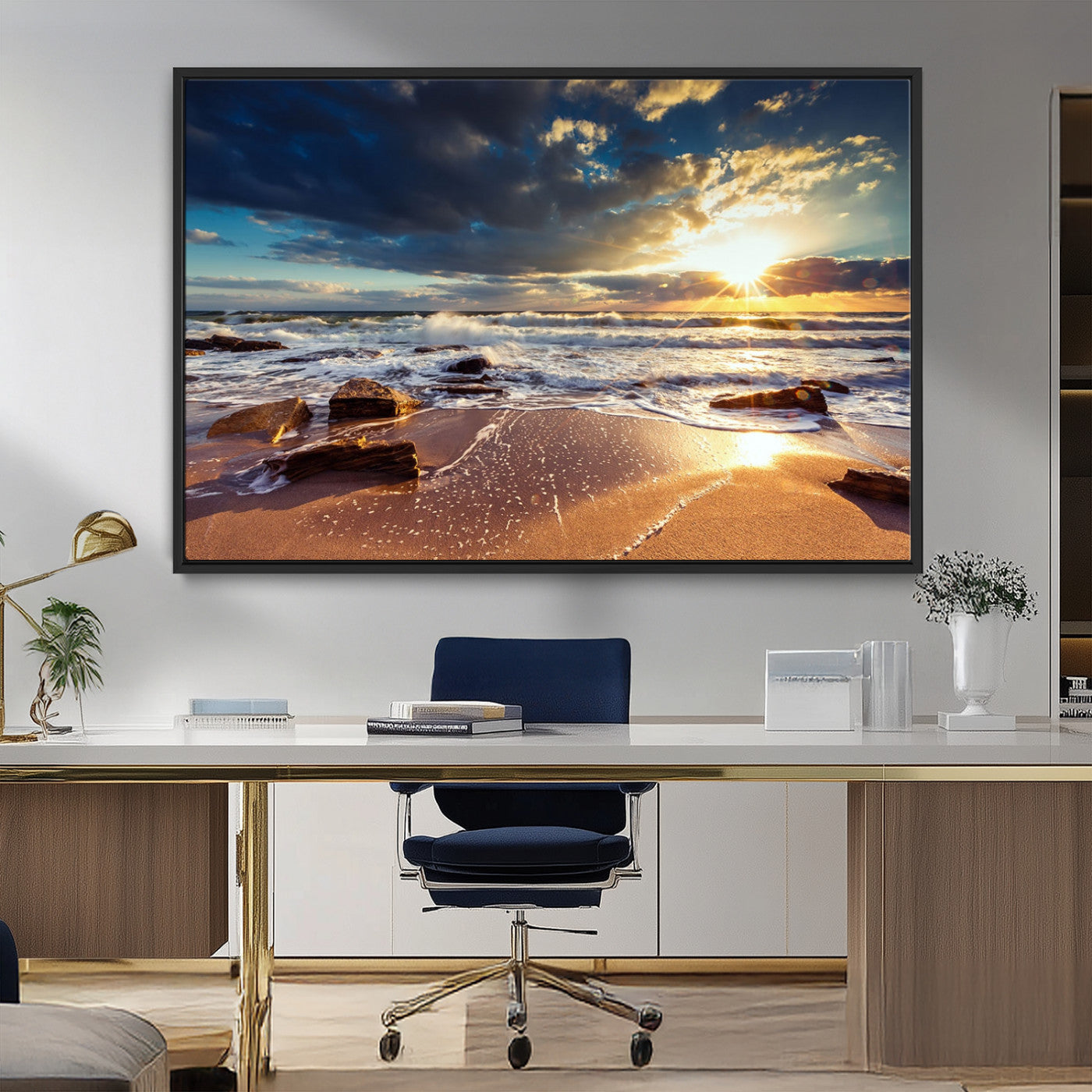 MGV-FC-36X24 - Golden Hour Beach Sunset Canvas Triptych, Ocean Waves and Rocks Wall Art for Coastal Home Decor